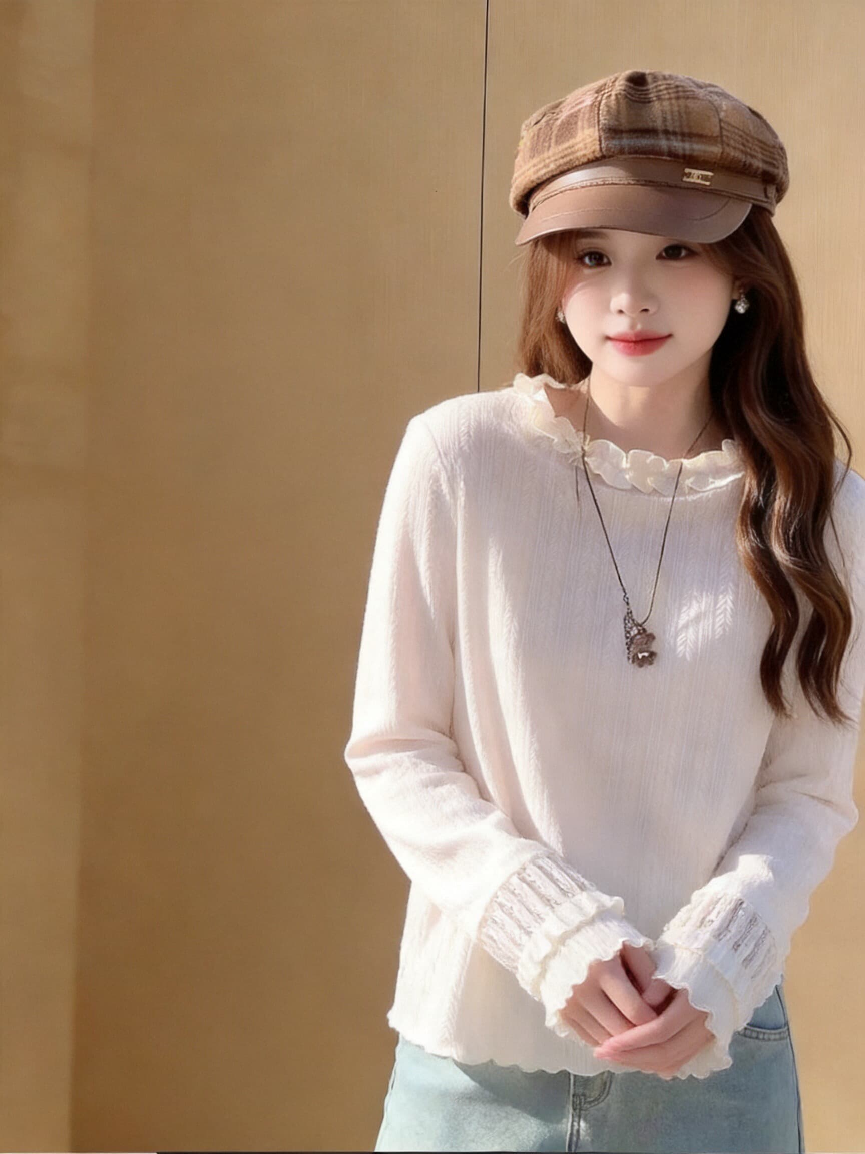 가을 프릴 프릴 긴팔 작은 셔츠 이미지 4