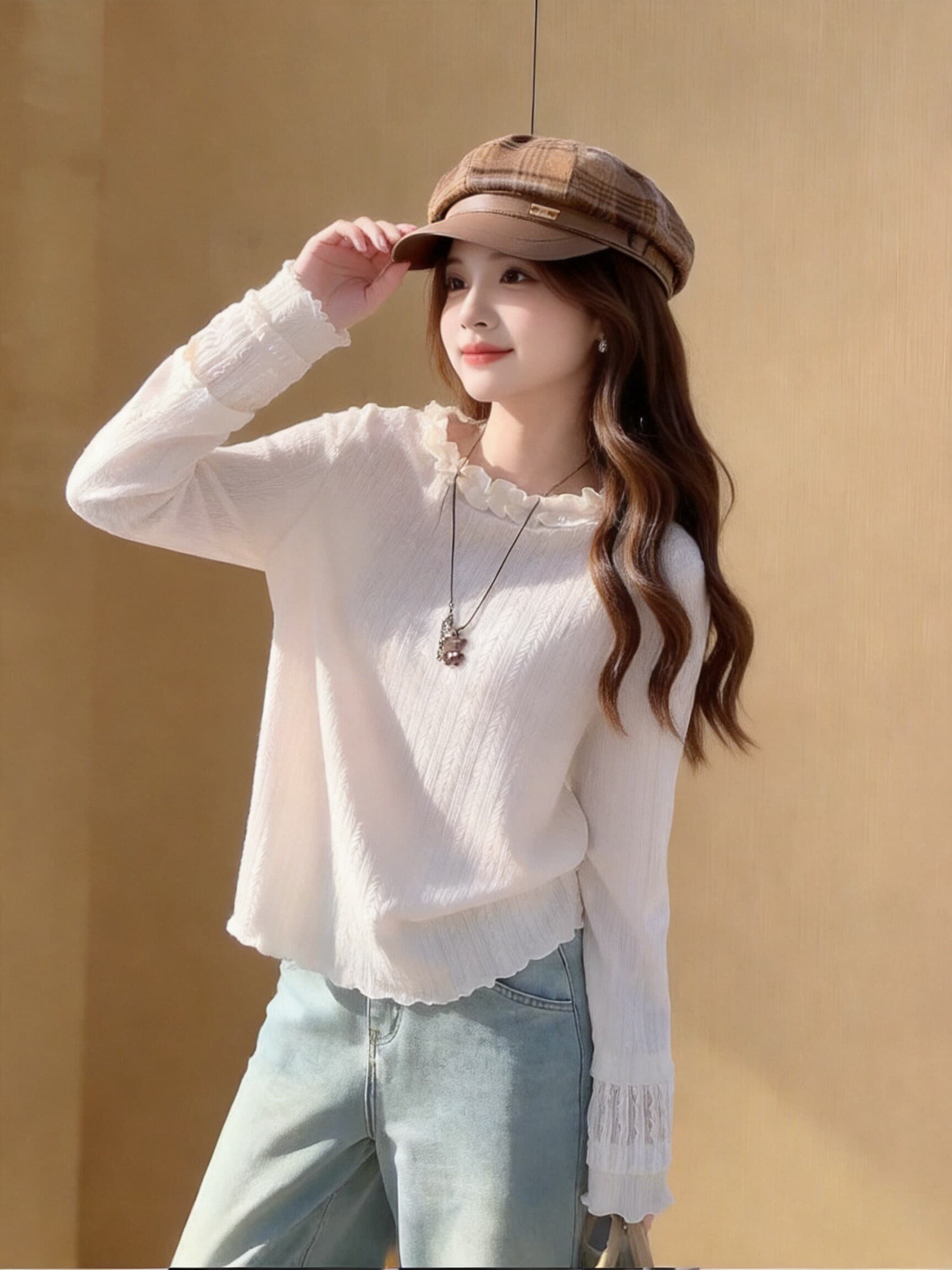 가을 프릴 프릴 긴팔 작은 셔츠 이미지 3