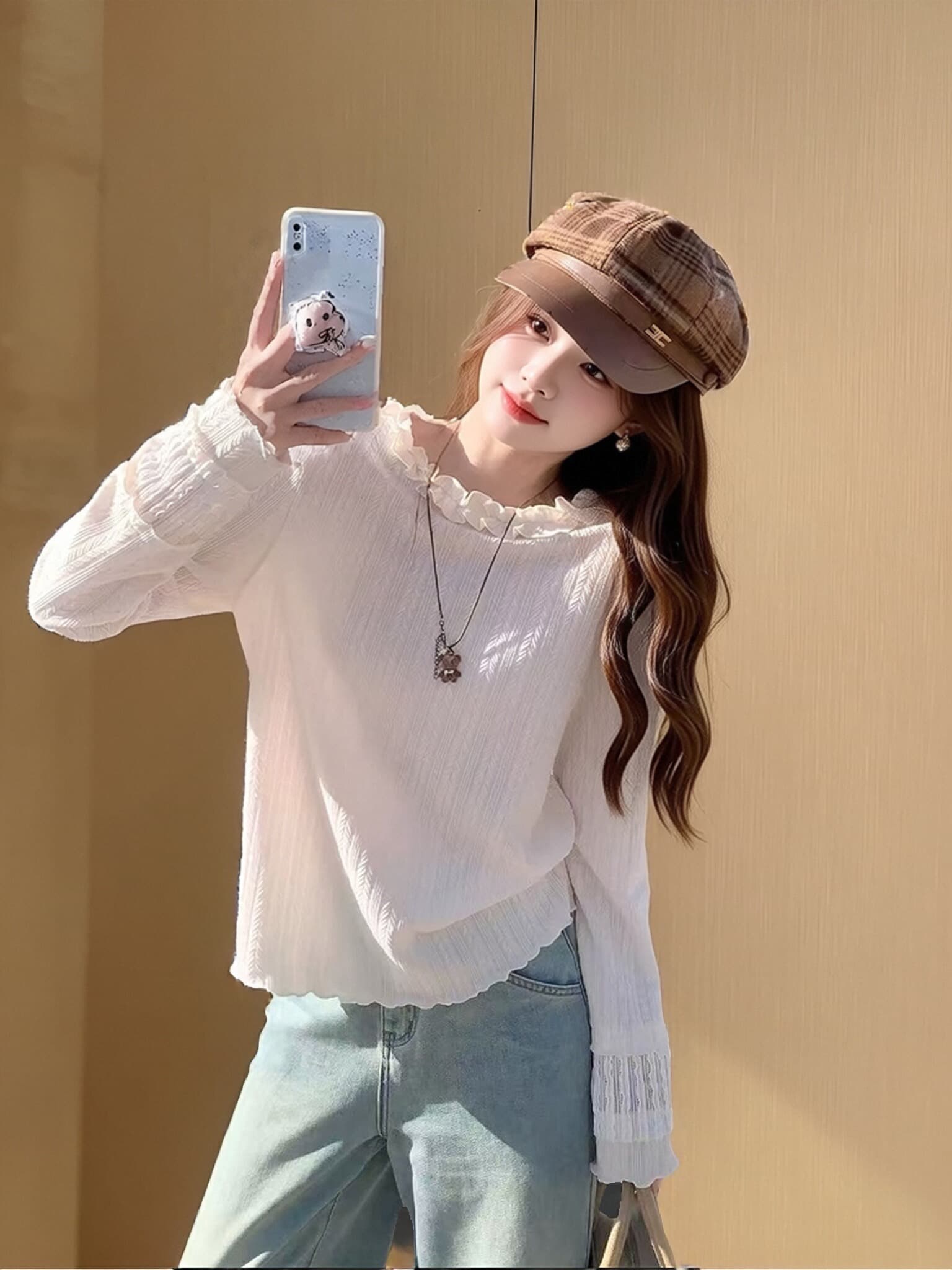 가을 프릴 프릴 긴팔 작은 셔츠 상세 이미지 2
