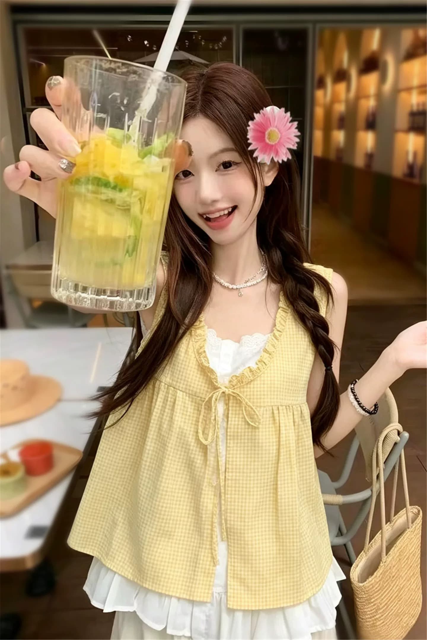 패치워크 황색 그리드 페이크 레이어드 셔츠 이미지 2