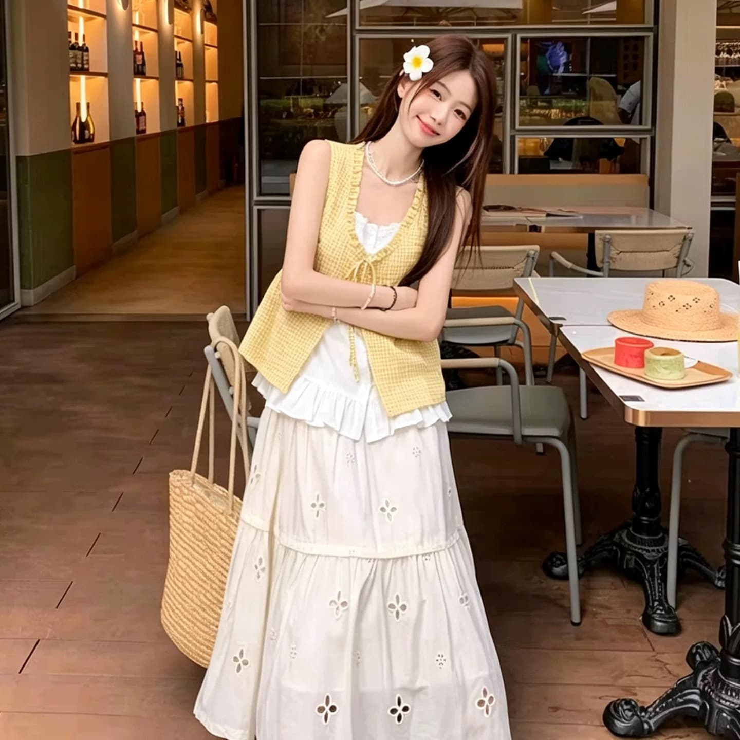 패치워크 황색 그리드 페이크 레이어드 셔츠 이미지 3