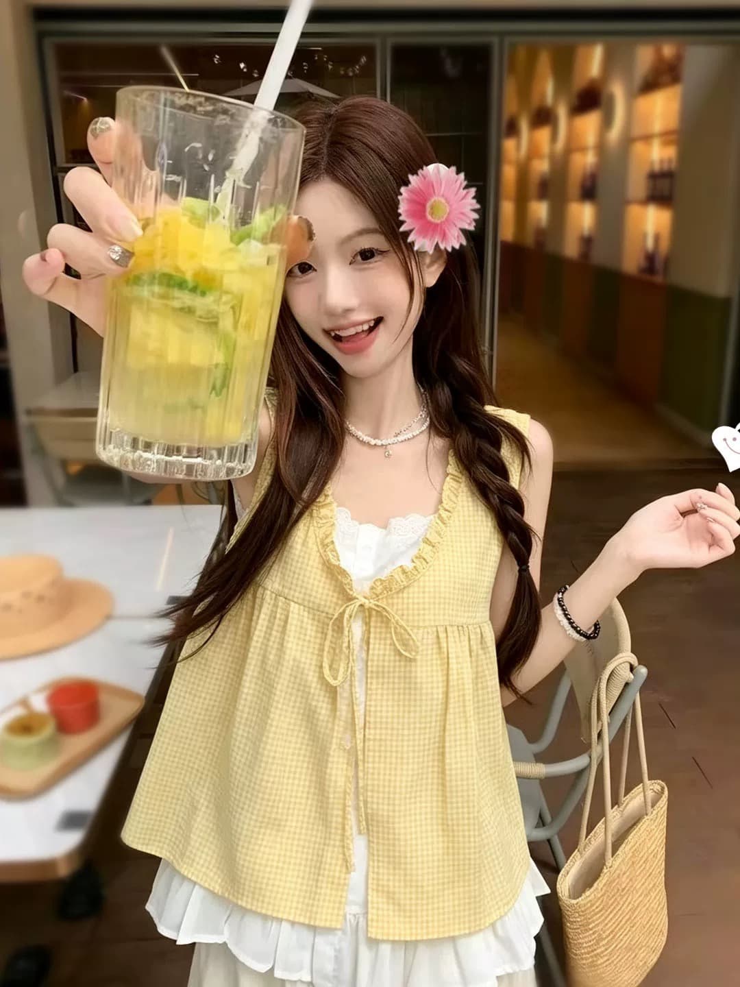 패치워크 황색 그리드 페이크 레이어드 셔츠 상세 이미지 2