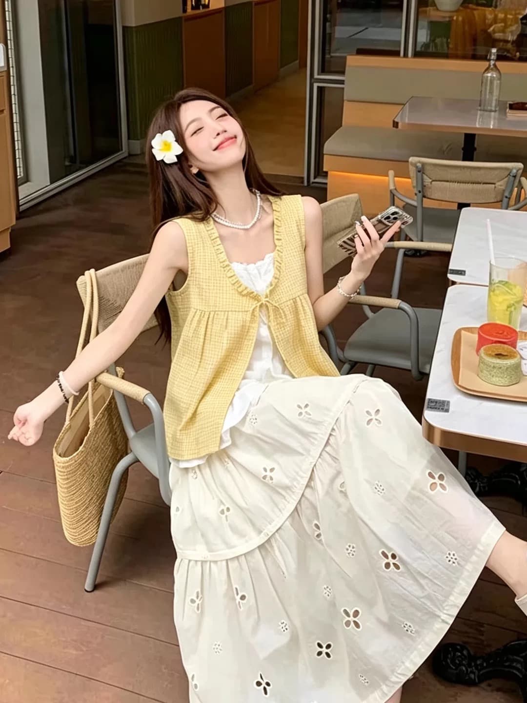 패치워크 황색 그리드 페이크 레이어드 셔츠 상세 이미지 4