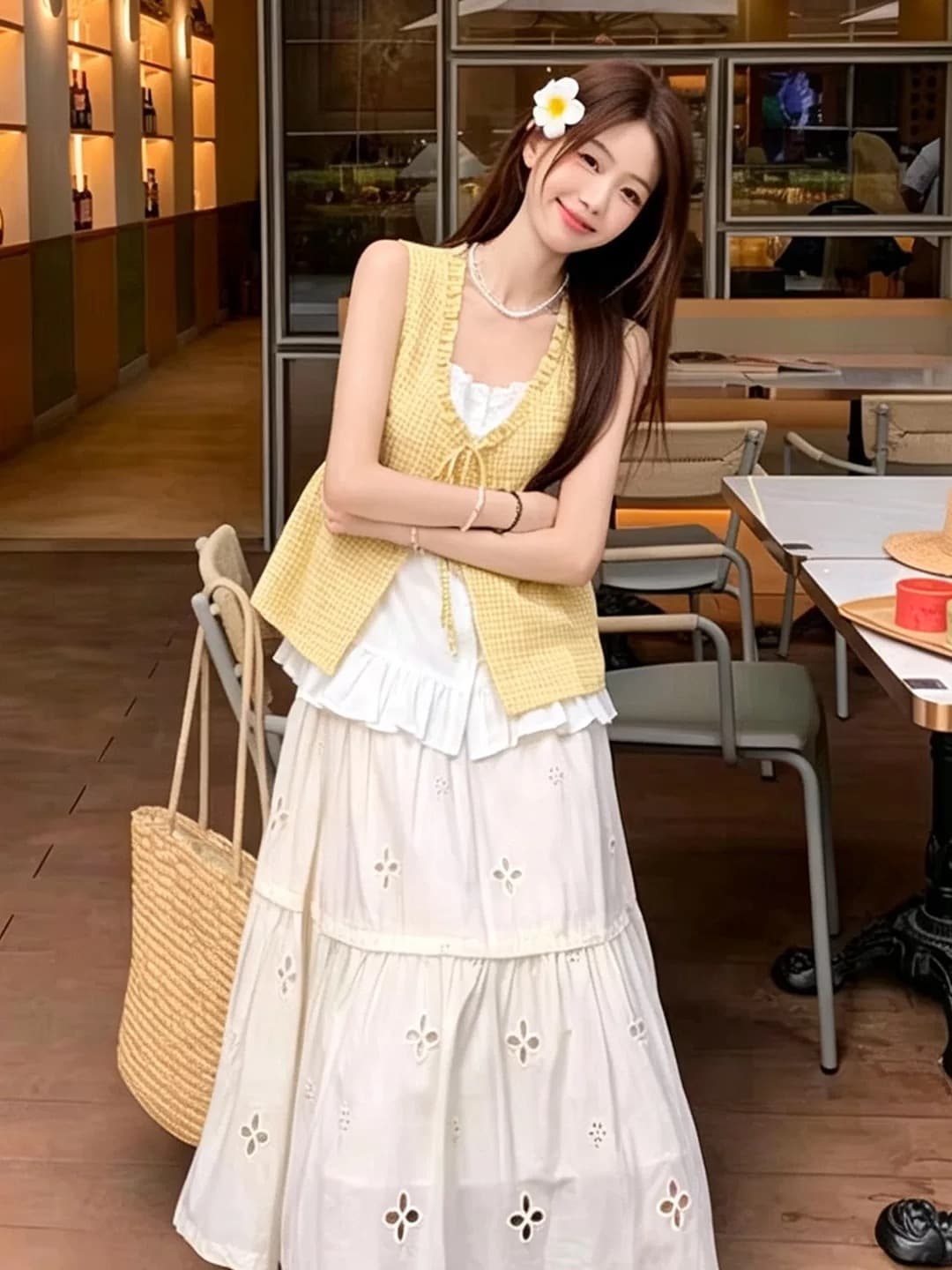 패치워크 황색 그리드 페이크 레이어드 셔츠 상세 이미지 5