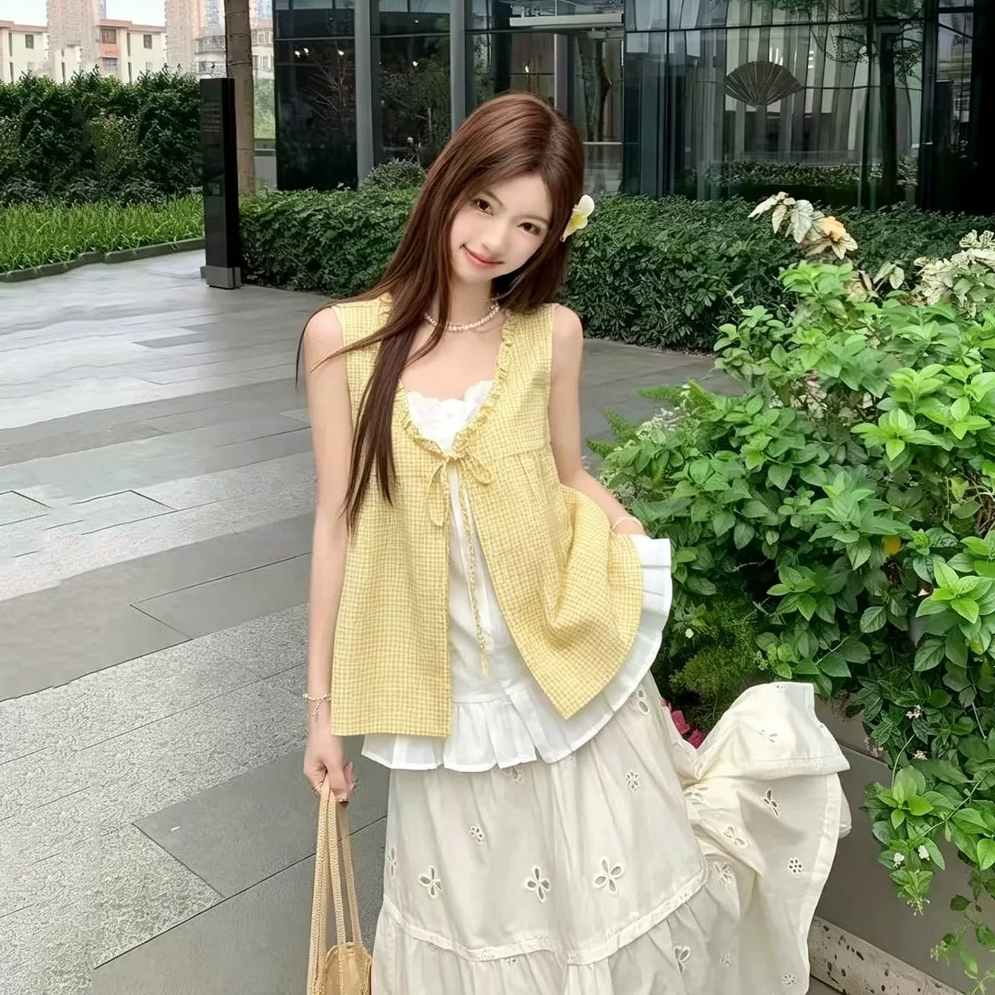 패치워크 황색 그리드 페이크 레이어드 셔츠 상세 이미지 6