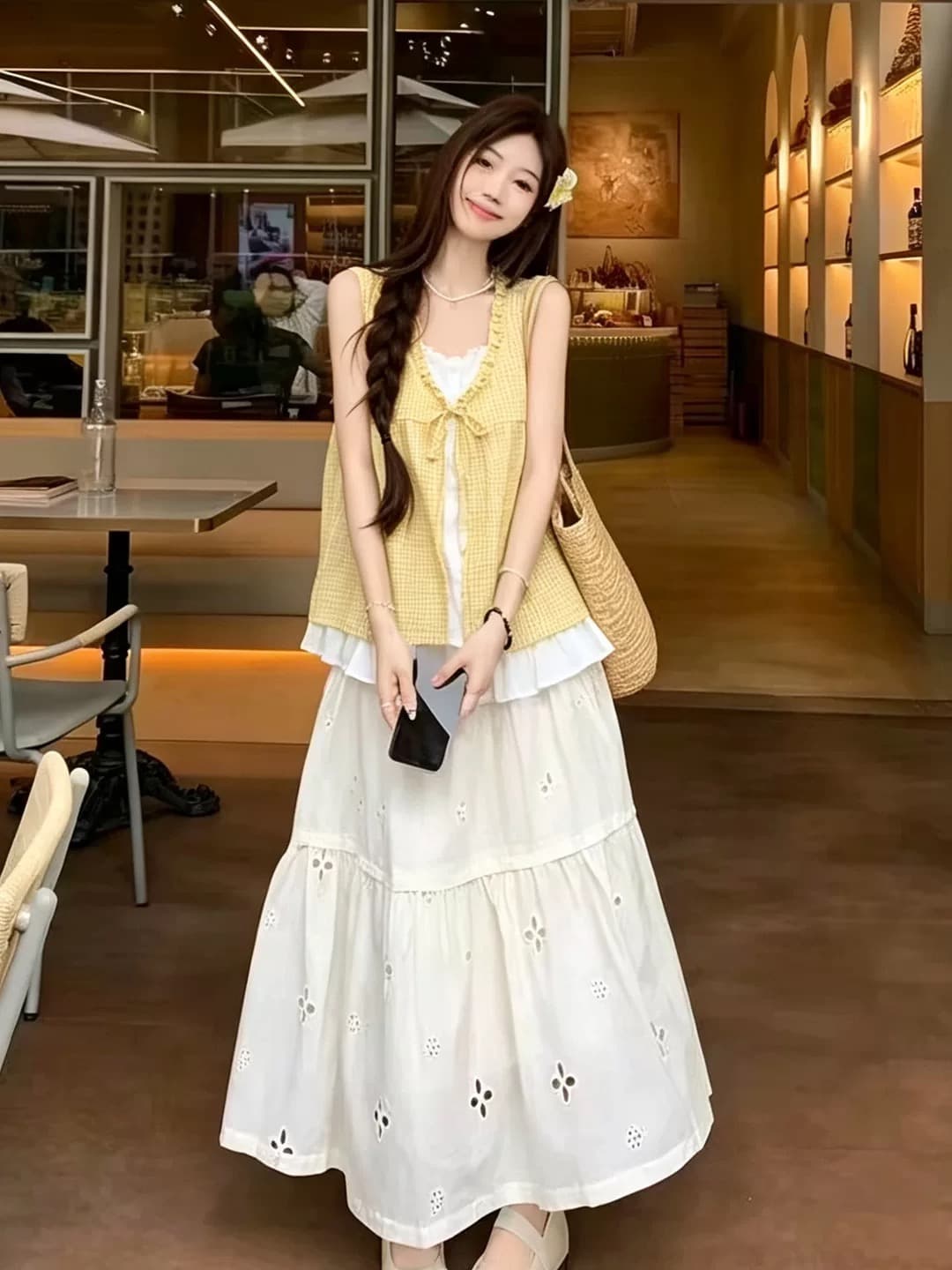 패치워크 황색 그리드 페이크 레이어드 셔츠 상세 이미지 8