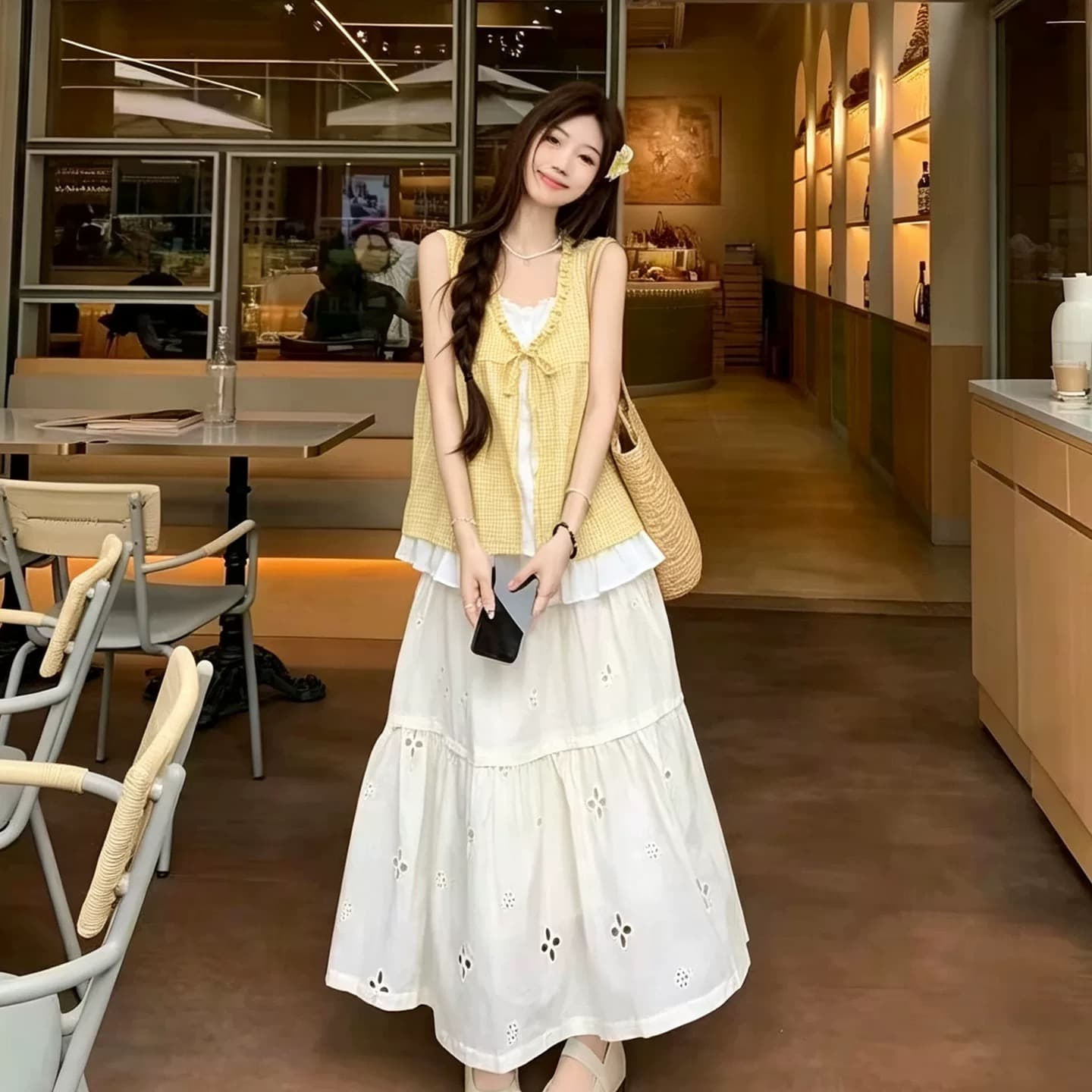 패치워크 황색 그리드 페이크 레이어드 셔츠 상세 이미지 9