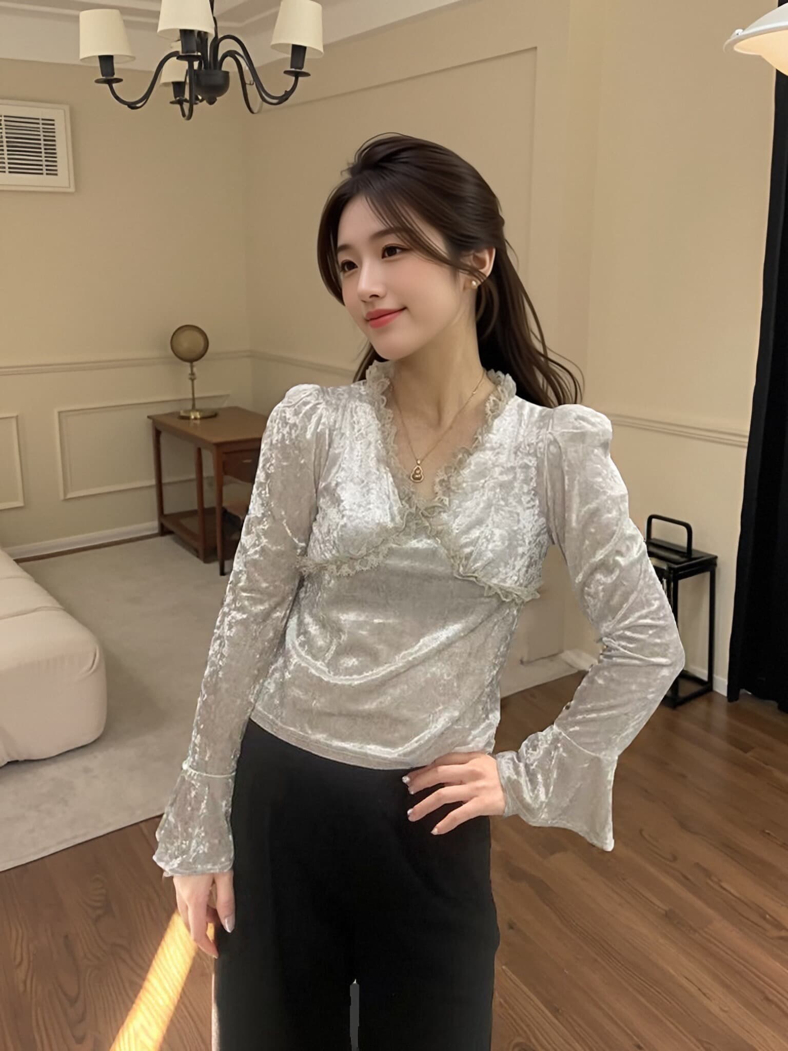 가을 레이스 레이스 거품 소매 벨벳 셔츠 이미지 3