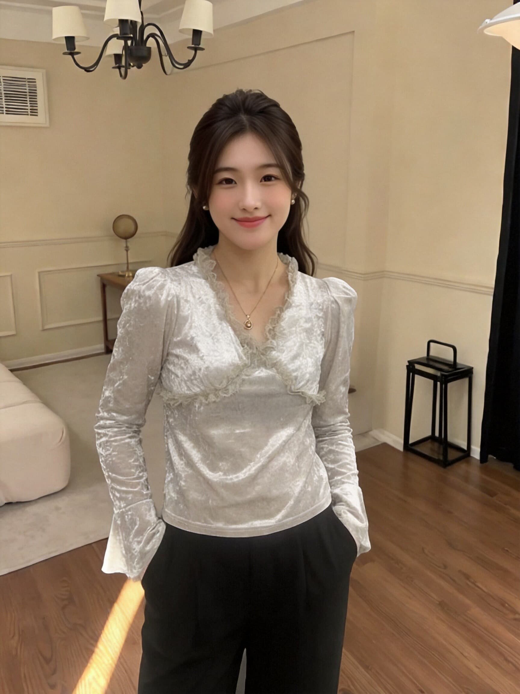 가을 레이스 레이스 거품 소매 벨벳 셔츠 이미지 5