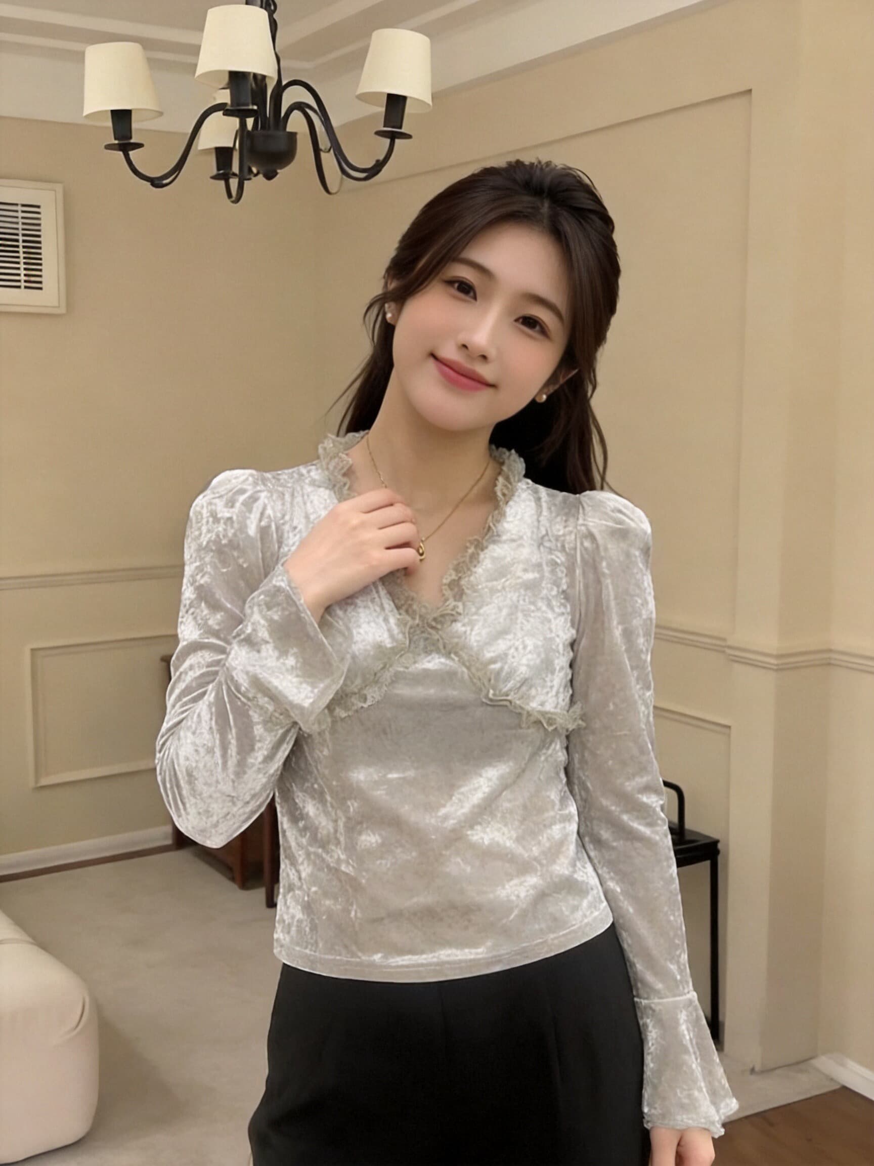 가을 레이스 레이스 거품 소매 벨벳 셔츠 상세 이미지 3