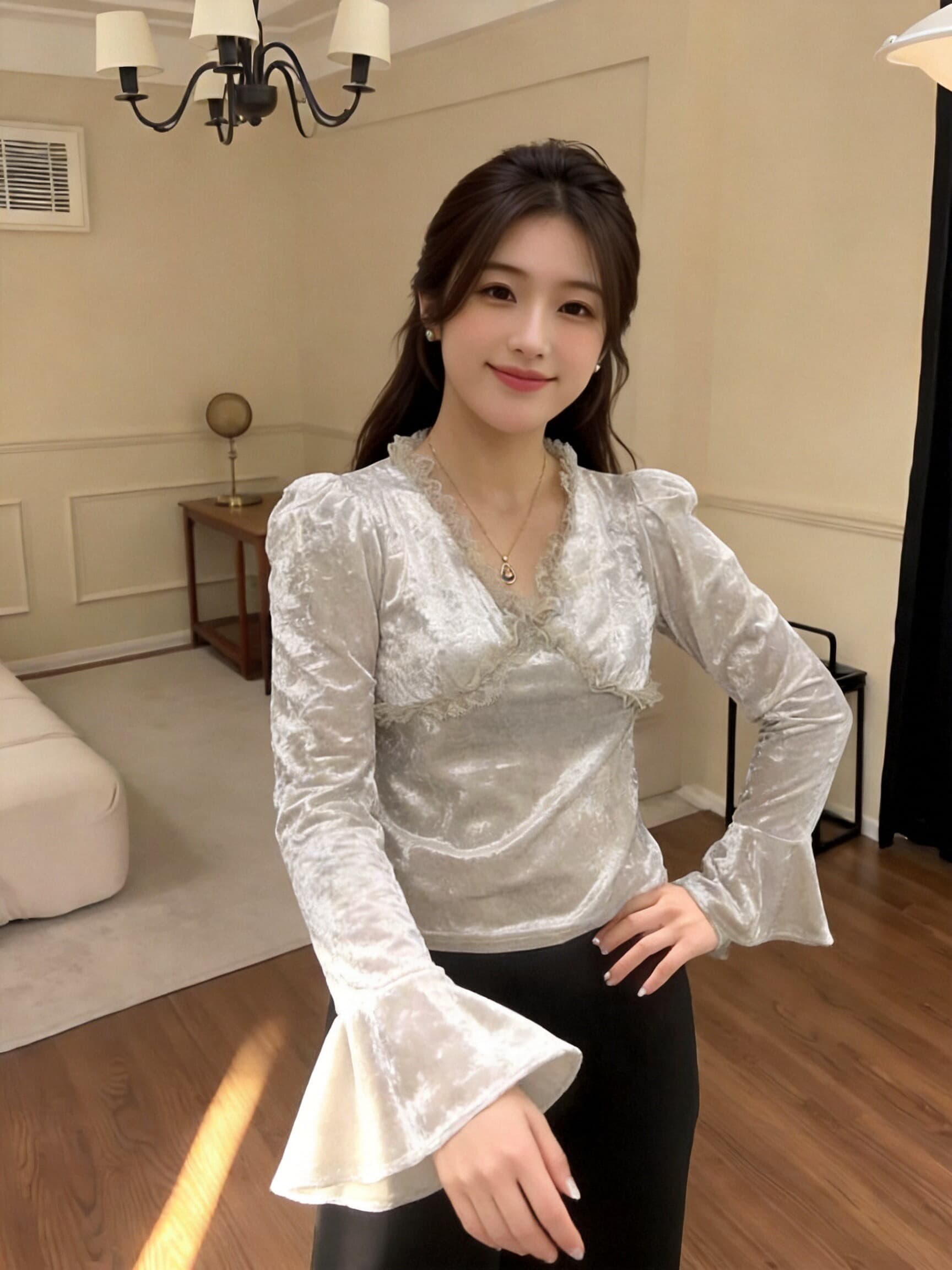 가을 레이스 레이스 거품 소매 벨벳 셔츠 상세 이미지 4