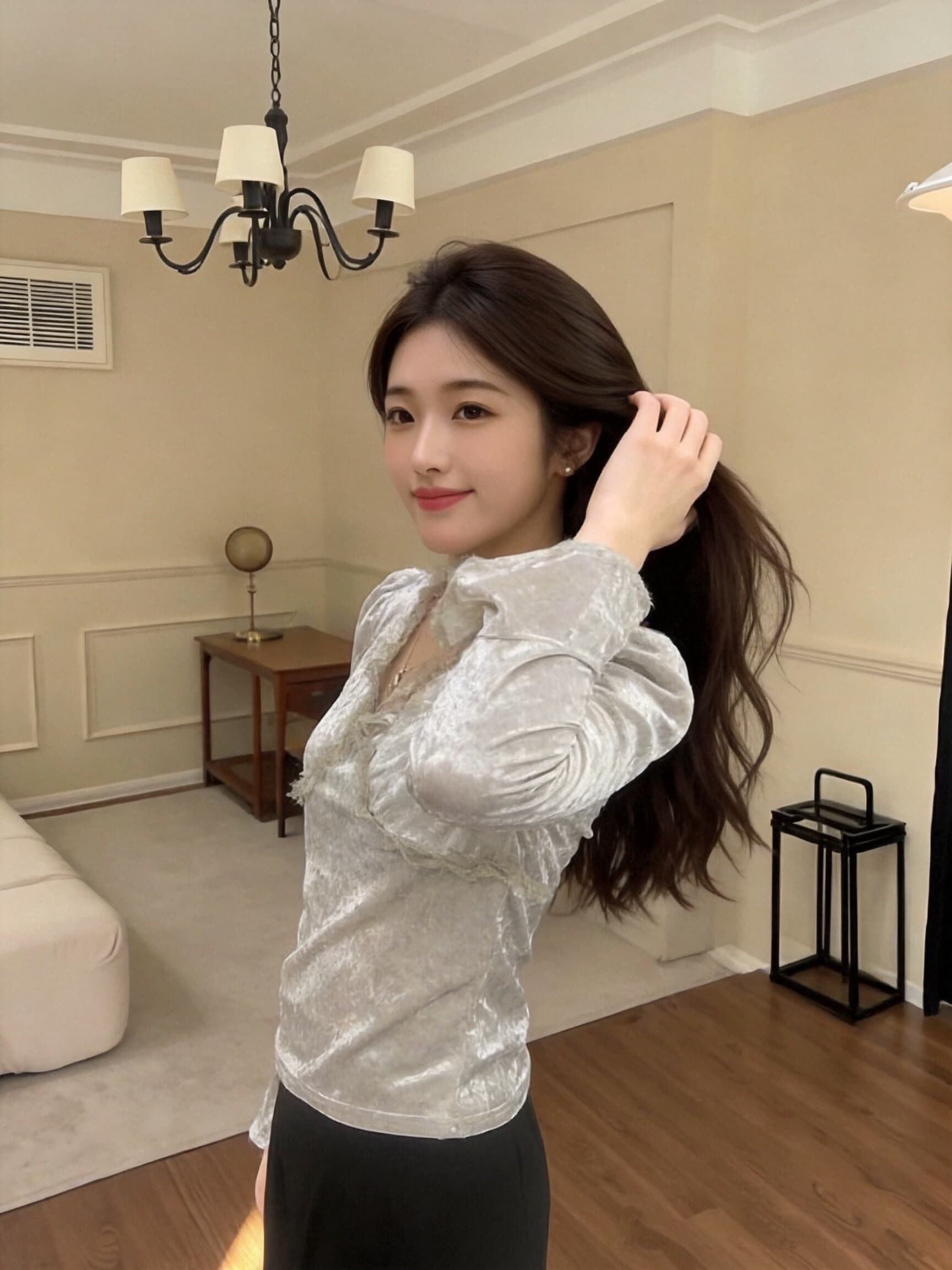가을 레이스 레이스 거품 소매 벨벳 셔츠 상세 이미지 7