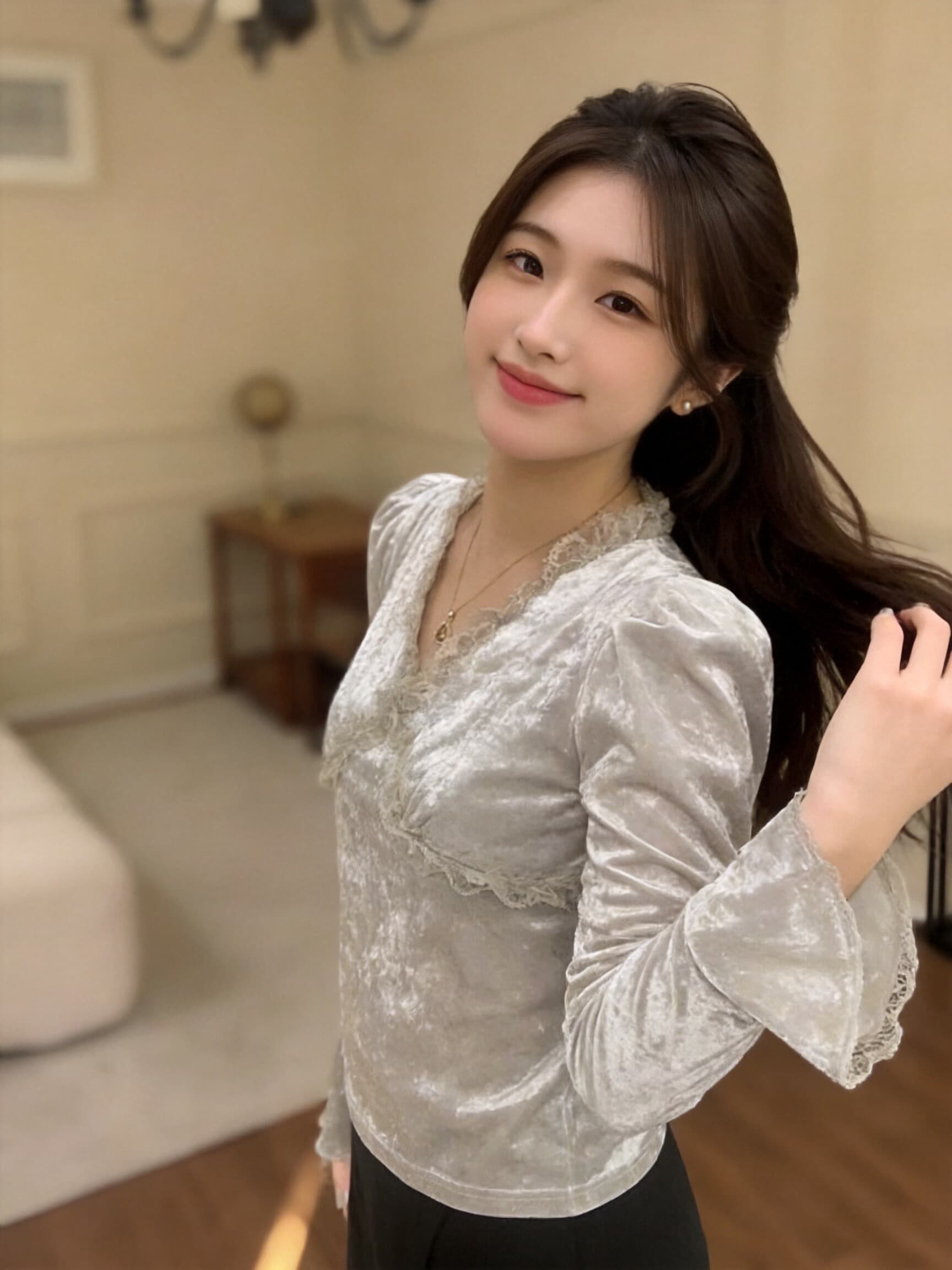 가을 레이스 레이스 거품 소매 벨벳 셔츠 상세 이미지 9