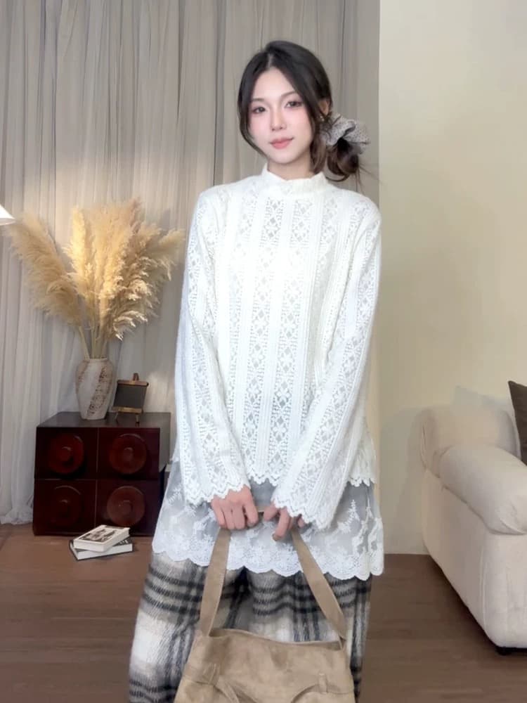 가을 부드러운 찹쌀 레이스 레이스 셔츠 여성 이미지 2