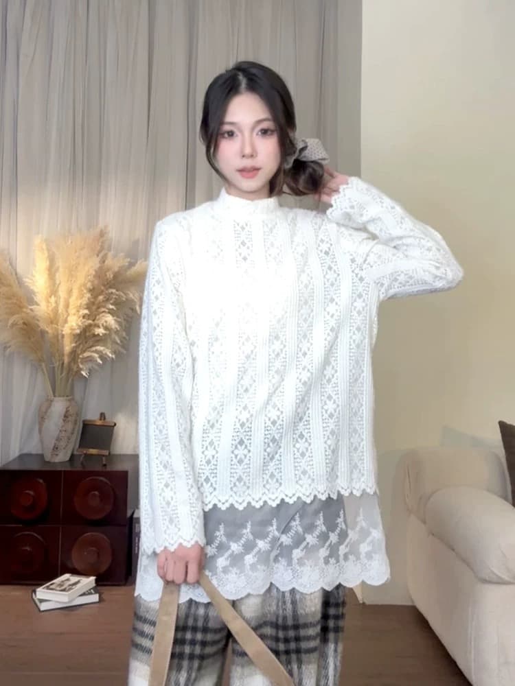 가을 부드러운 찹쌀 레이스 레이스 셔츠 여성 이미지 3
