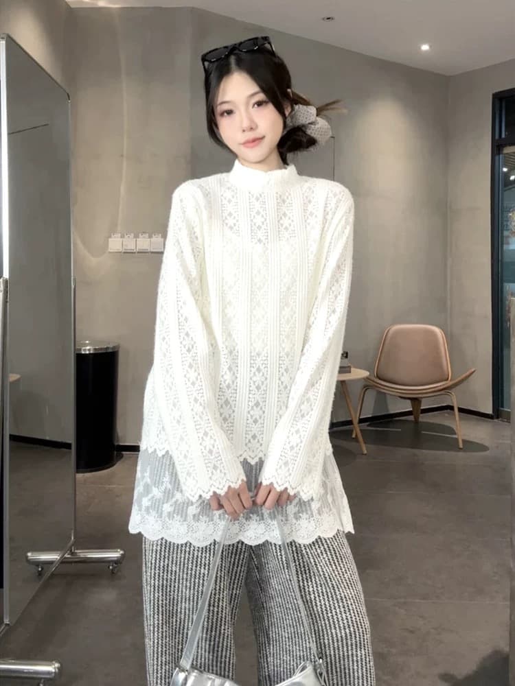 가을 부드러운 찹쌀 레이스 레이스 셔츠 여성 상세 이미지 5