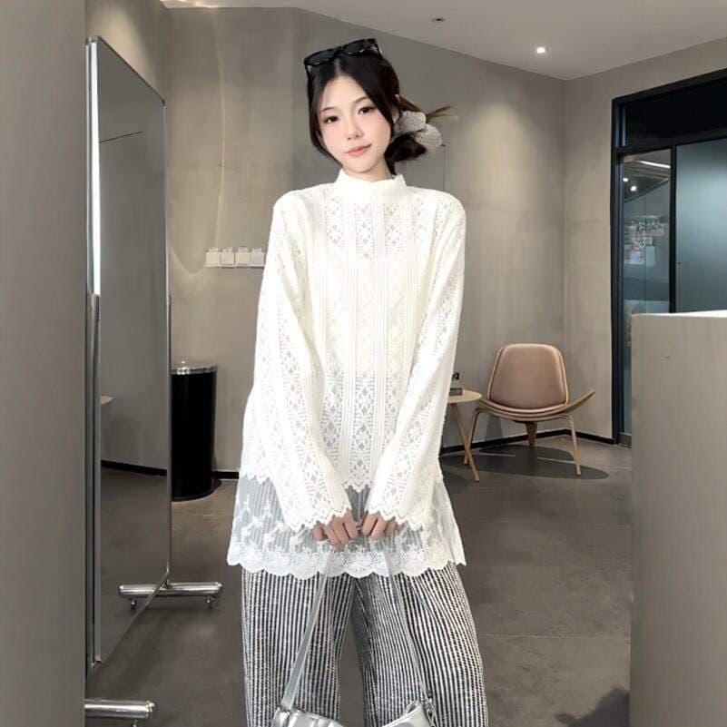 가을 부드러운 찹쌀 레이스 레이스 셔츠 여성 상세 이미지 2