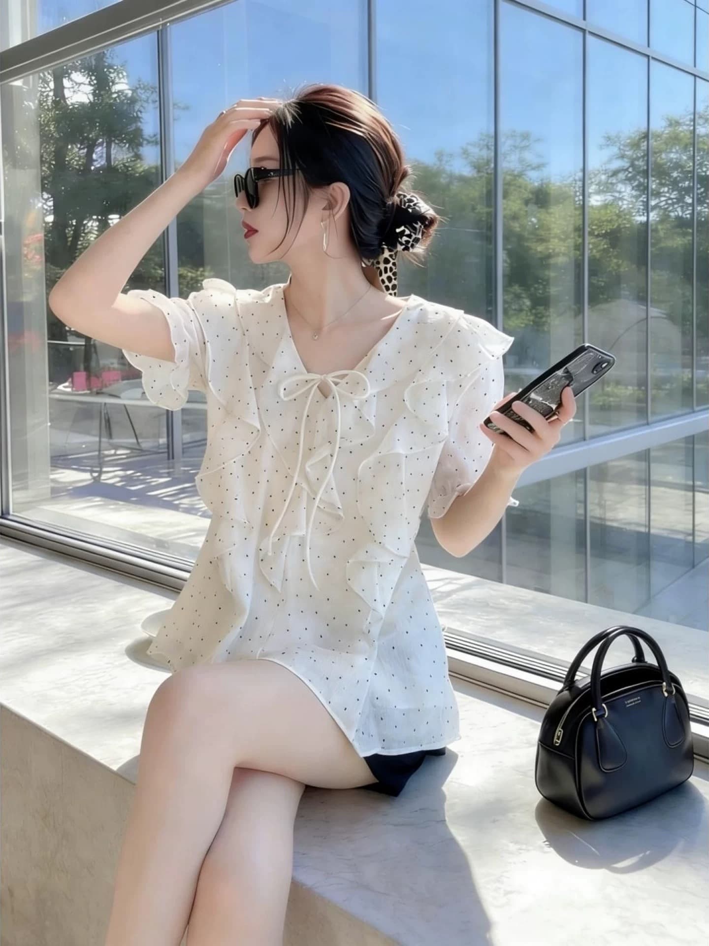 프릴 도트 무늬 쉬폰 작은 셔츠 이미지 5