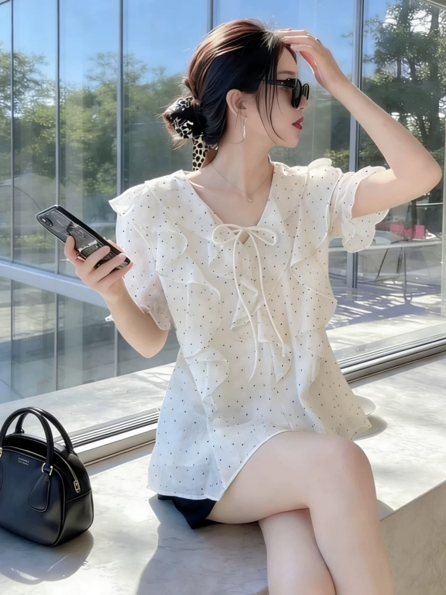 프릴 도트 무늬 쉬폰 작은 셔츠 상세 이미지 2