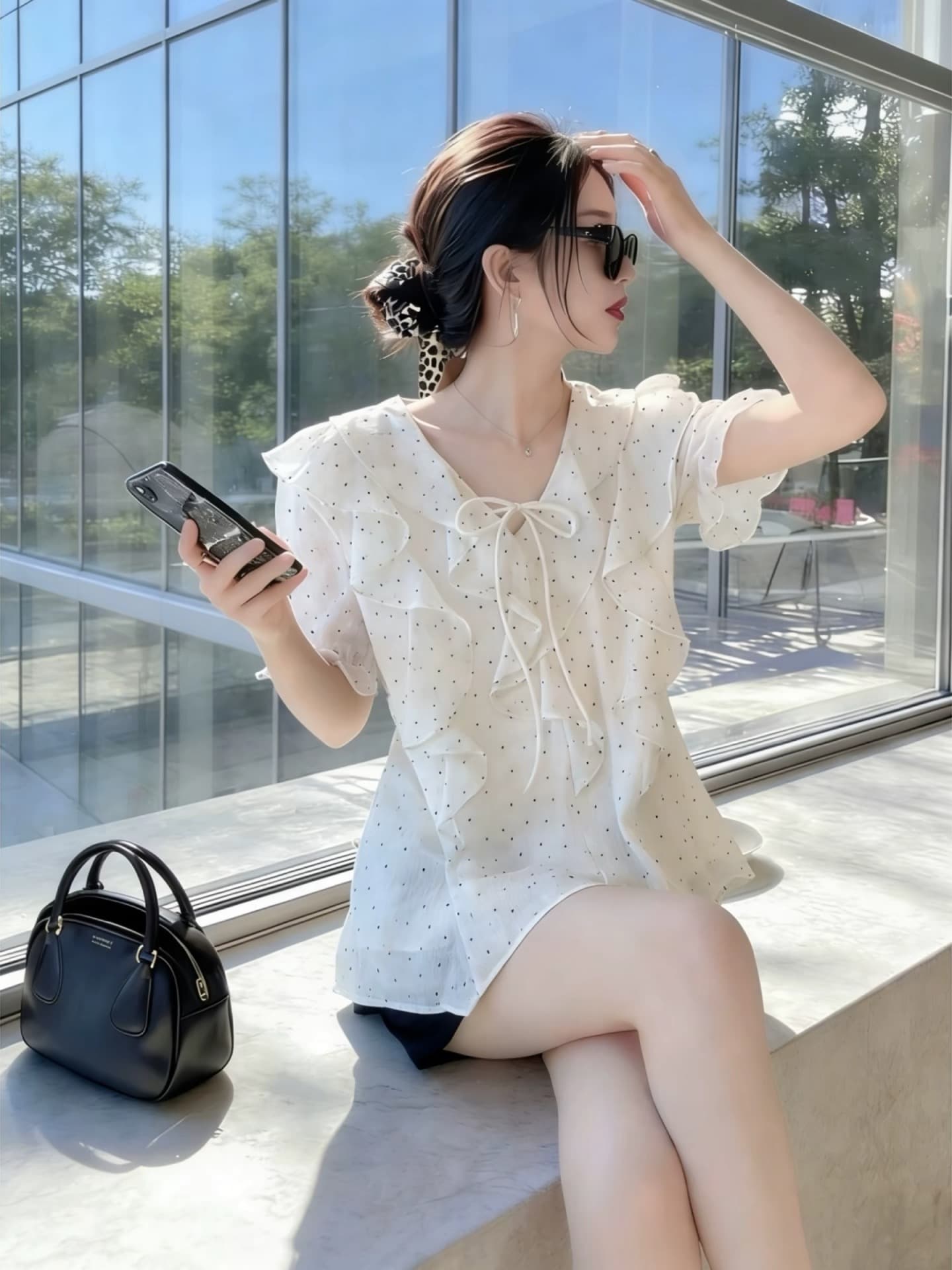 프릴 도트 무늬 쉬폰 작은 셔츠 상세 이미지 5