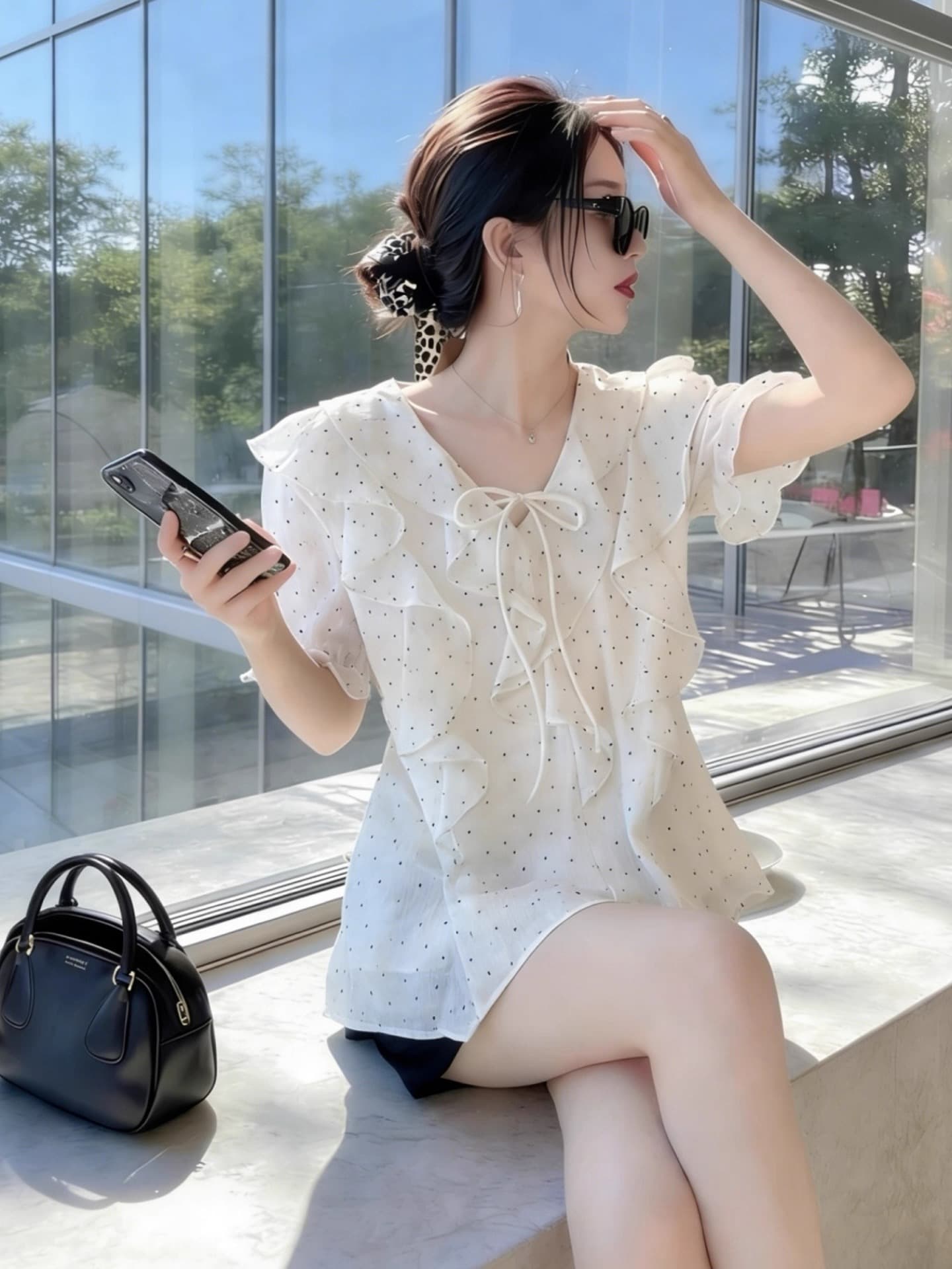 프릴 도트 무늬 쉬폰 작은 셔츠 상세 이미지 6