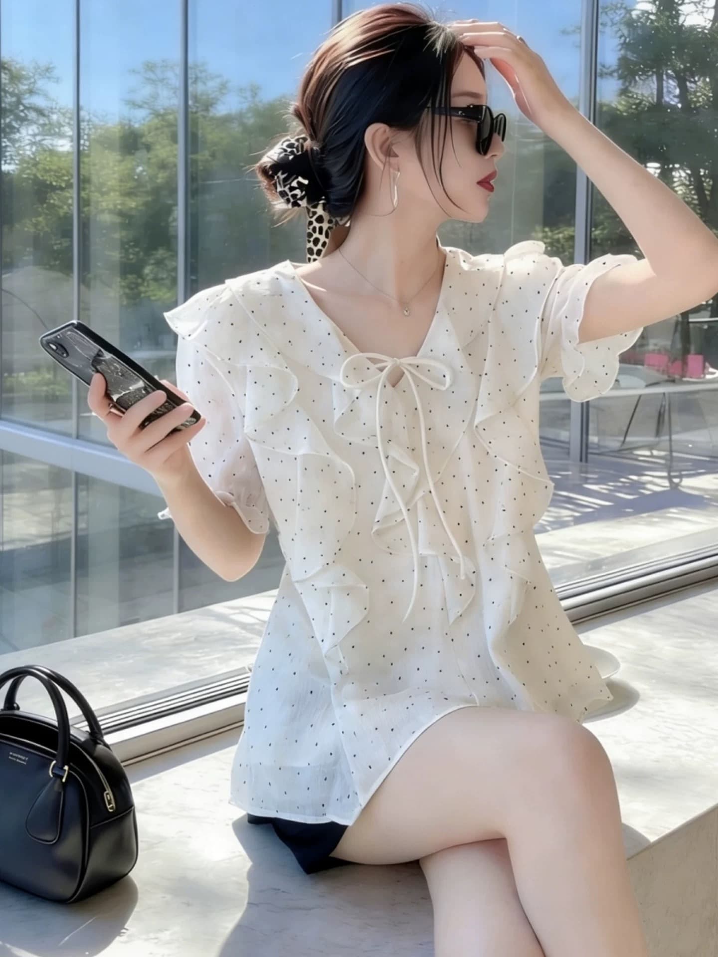 프릴 도트 무늬 쉬폰 작은 셔츠 상세 이미지 8