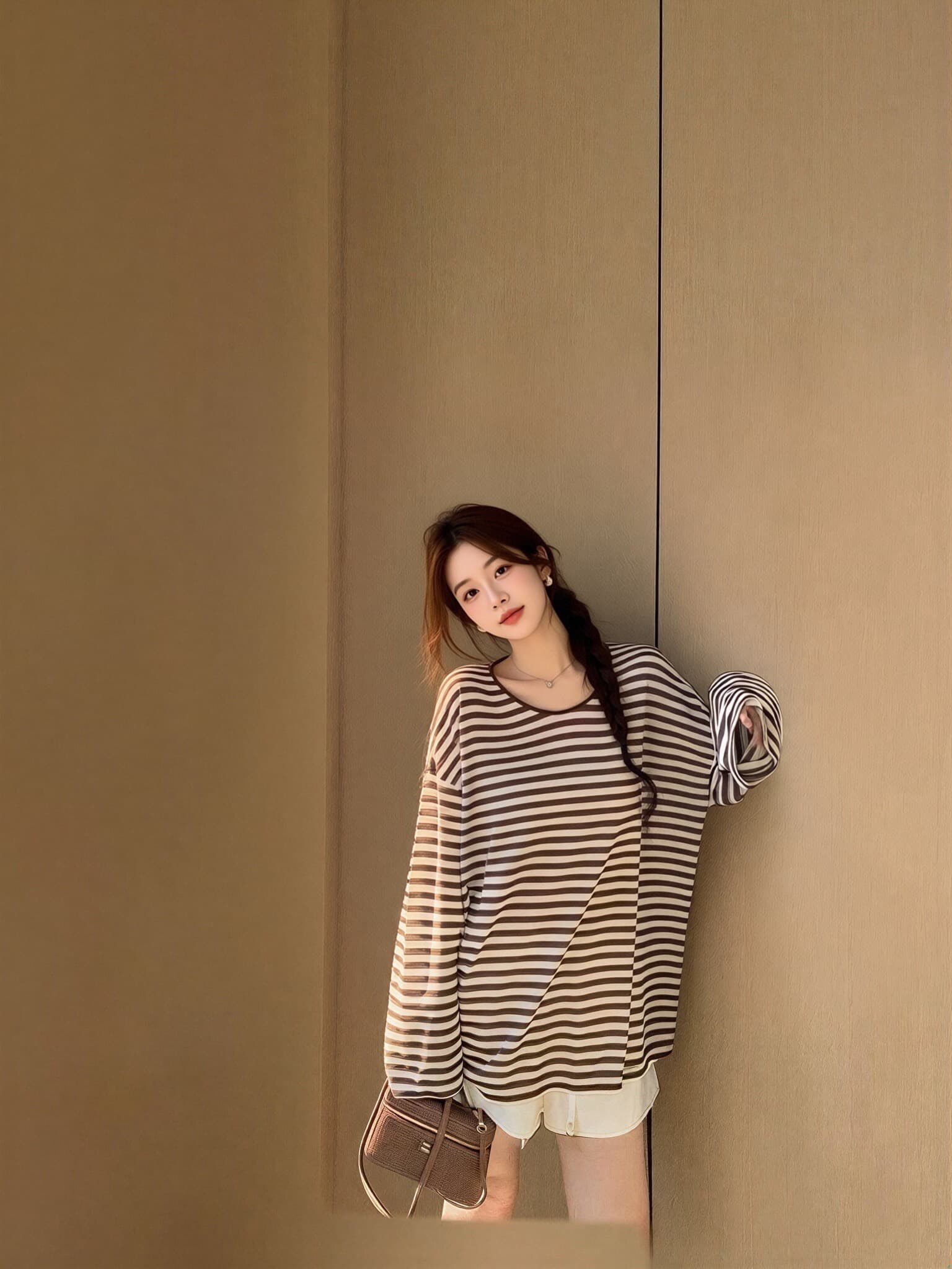 가을 스트라이프 자외선 차단 블라우스 맨위 이미지 3