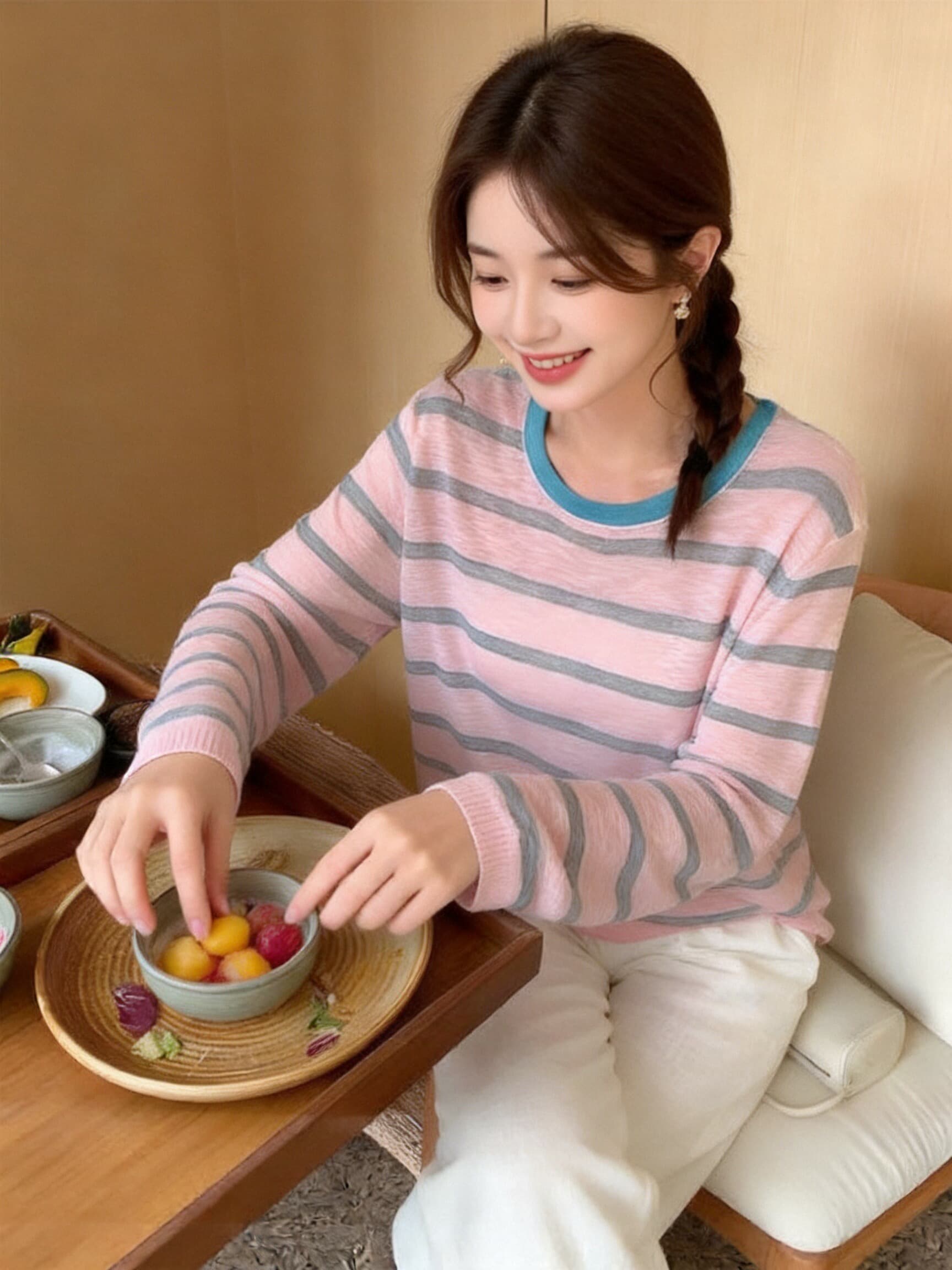 가을 배색 스트라이프 블라우스 맨위 상세 이미지 5