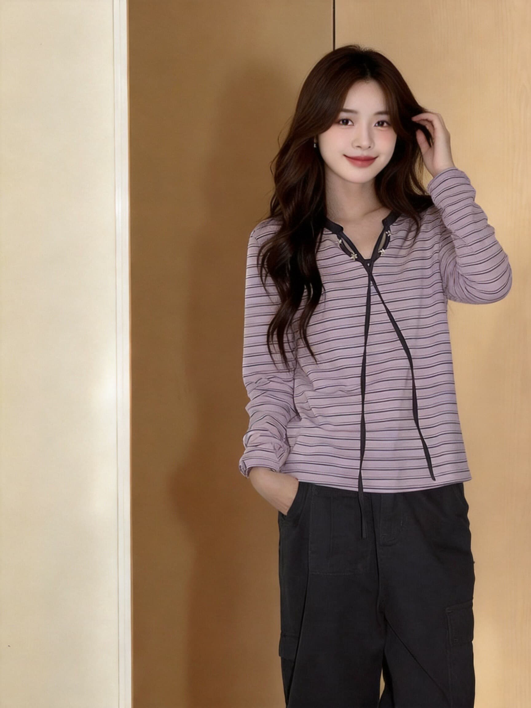 가을 핑크색 스트라이프 맨위 상세 이미지 2