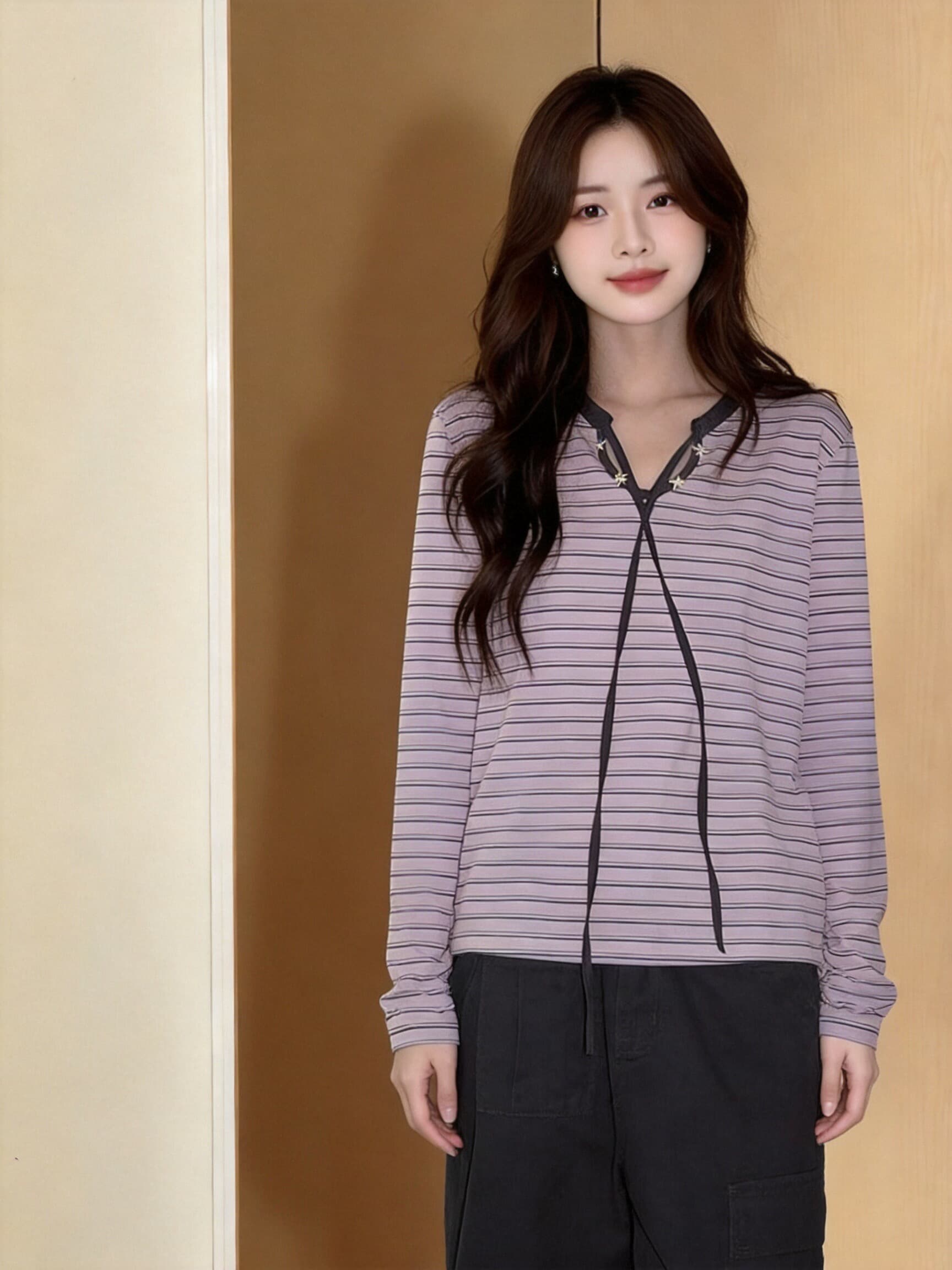 가을 핑크색 스트라이프 맨위 상세 이미지 3