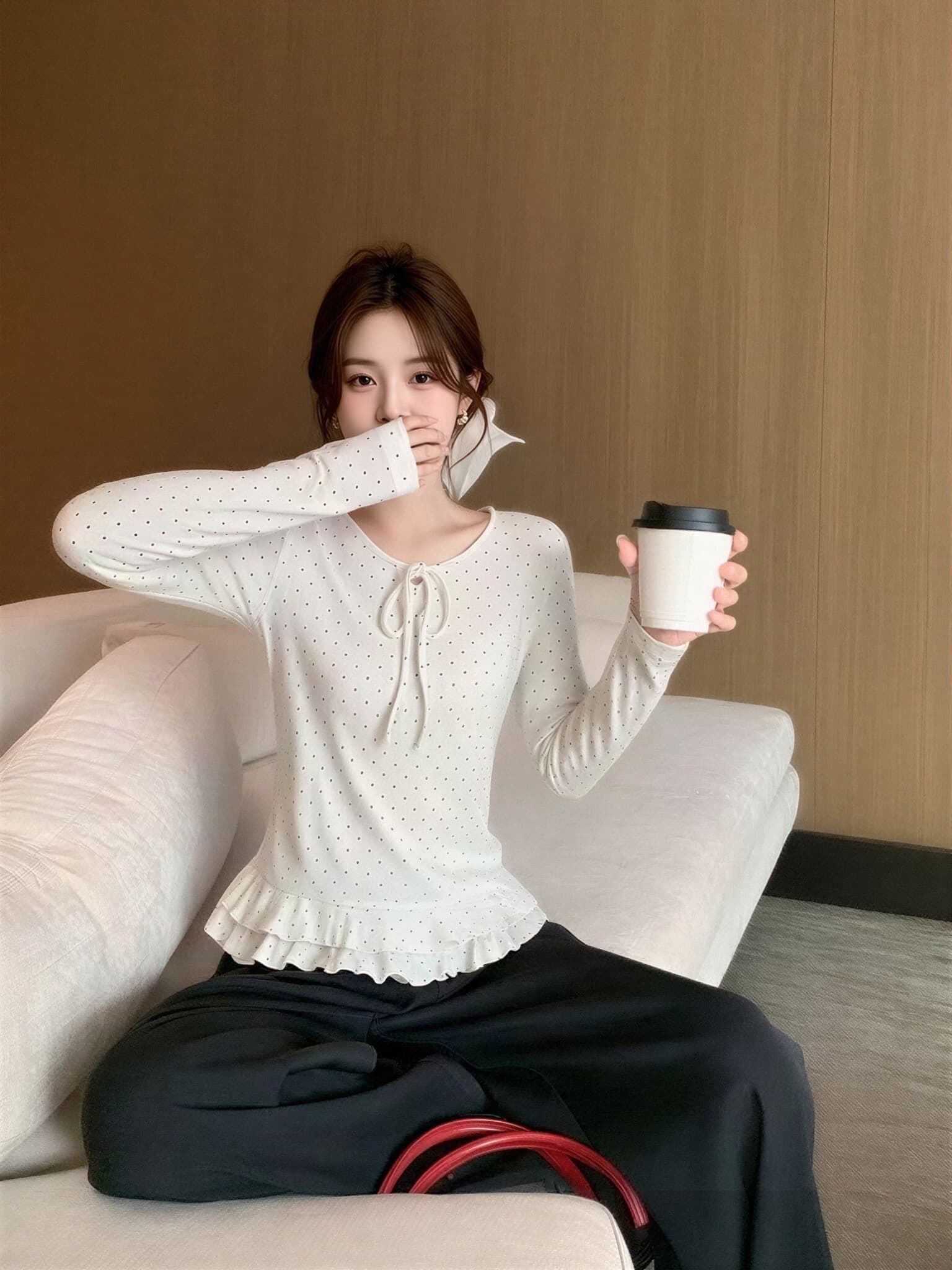 가을 도트 무늬 레이스업 프릴 맨위 이미지 4