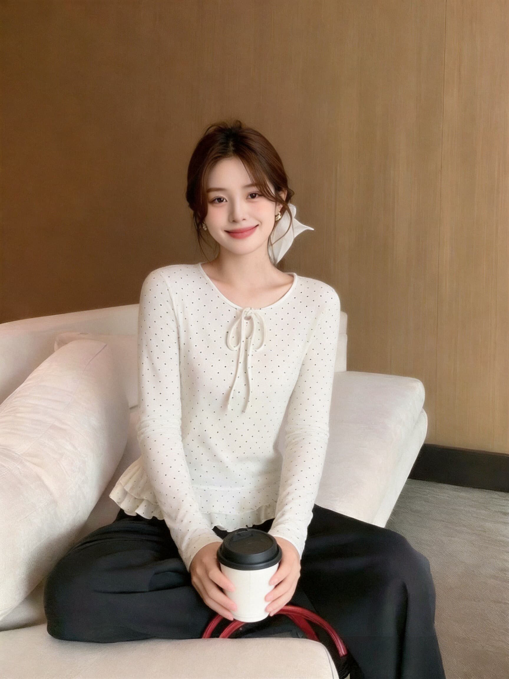 가을 도트 무늬 레이스업 프릴 맨위 이미지 3