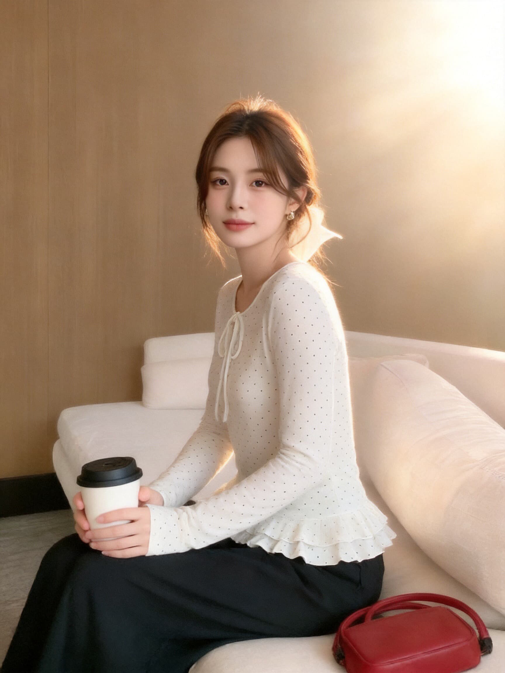 가을 도트 무늬 레이스업 프릴 맨위 상세 이미지 2