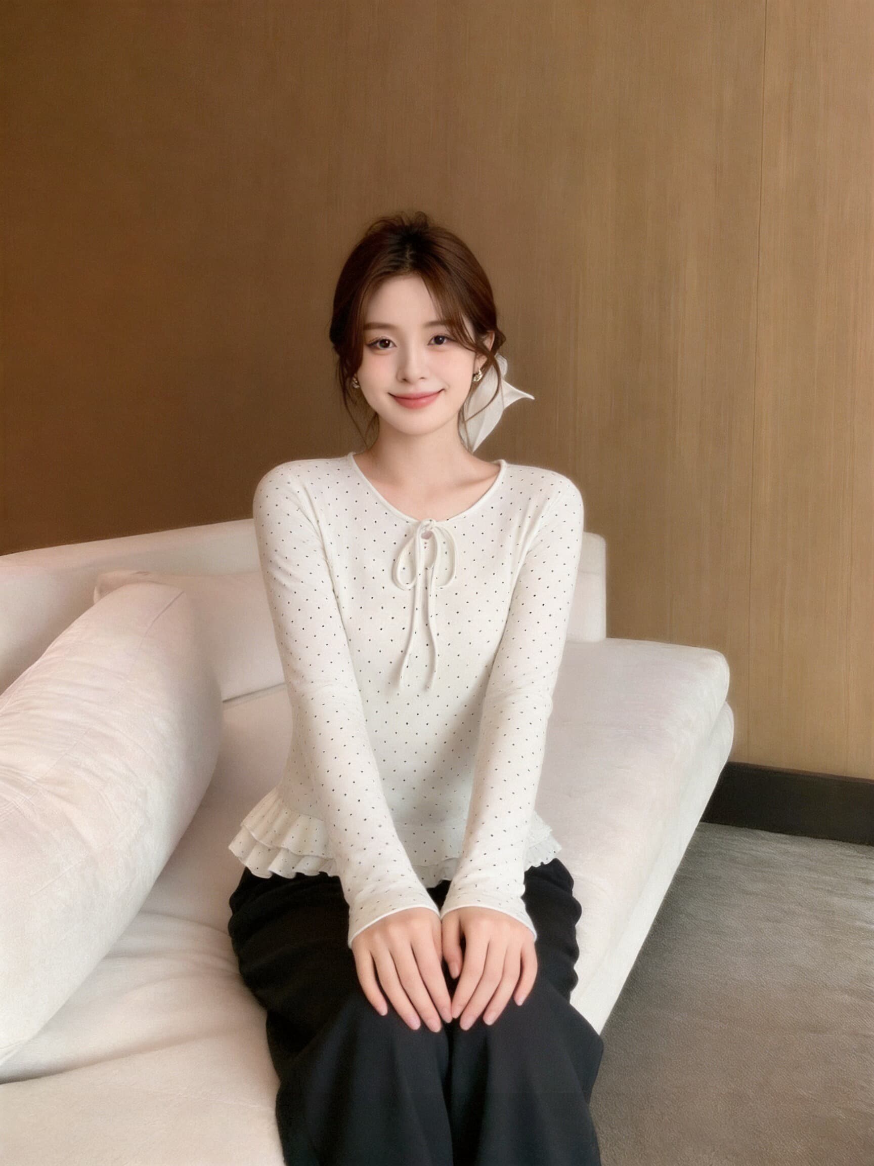 가을 도트 무늬 레이스업 프릴 맨위 상세 이미지 5