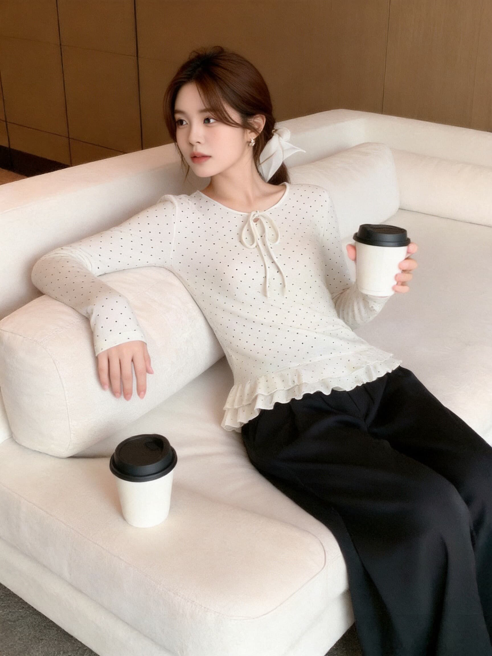 가을 도트 무늬 레이스업 프릴 맨위 상세 이미지 8