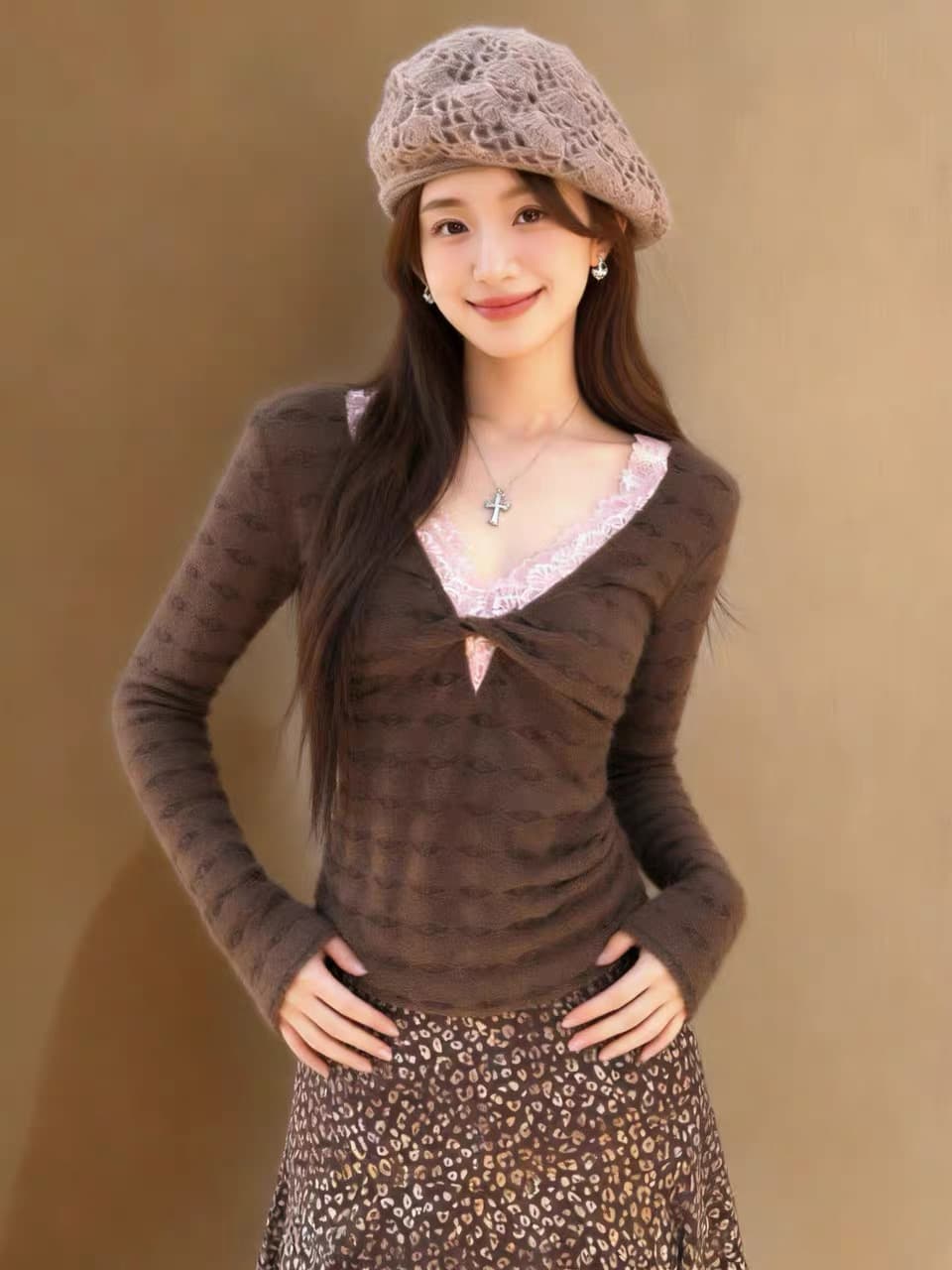 가을 레이스 칼라 페이크 레이어드 맨위 여성