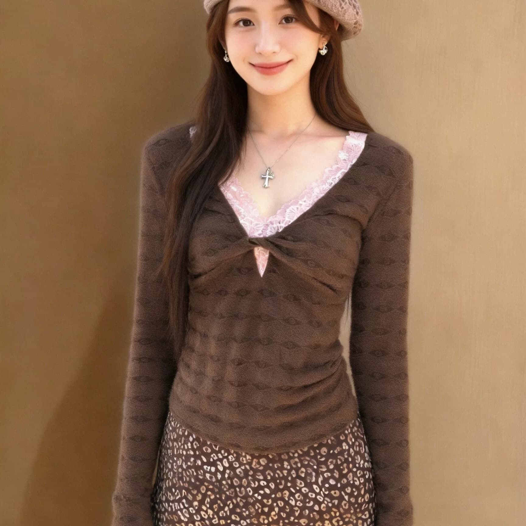 가을 레이스 칼라 페이크 레이어드 맨위 여성 이미지 3