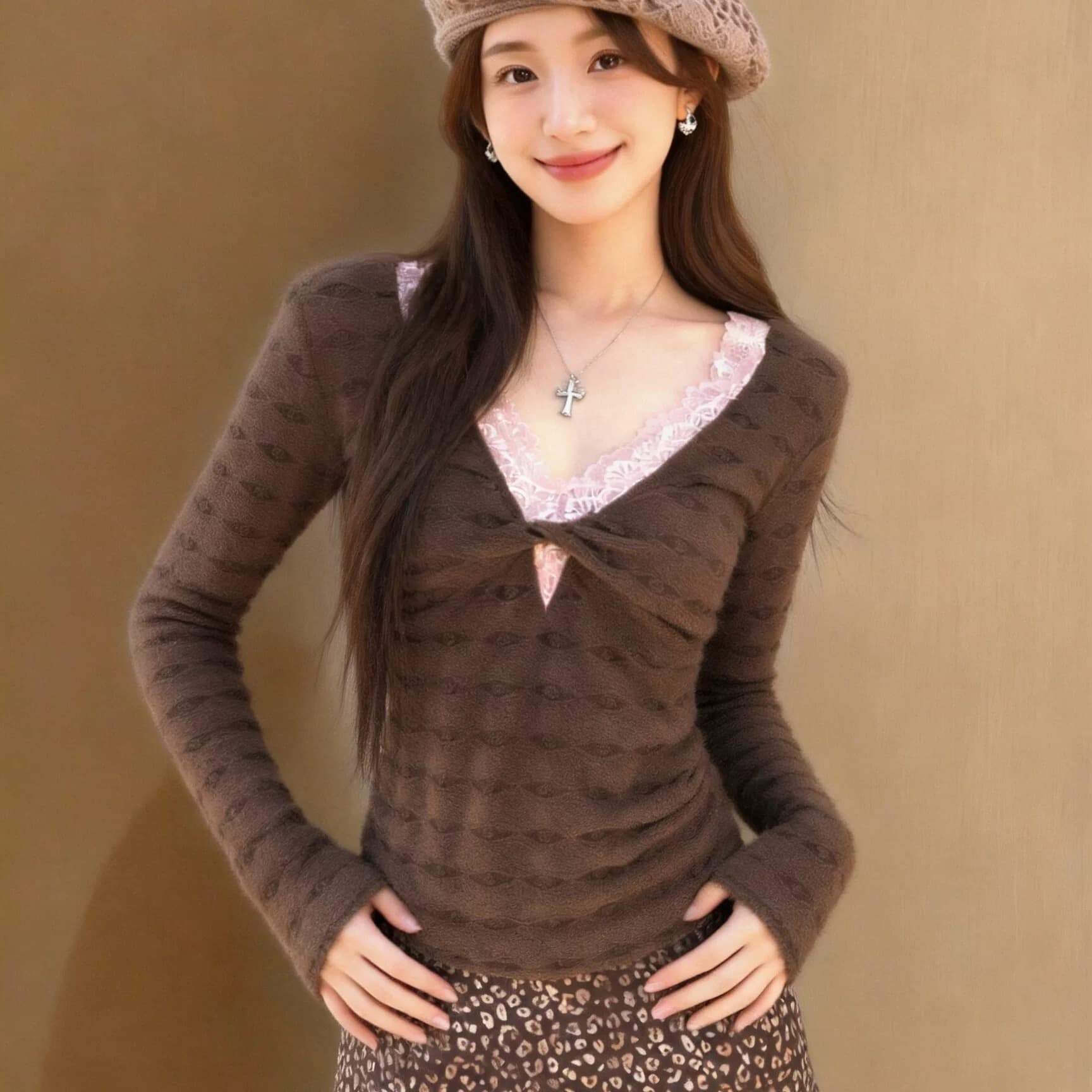 가을 레이스 칼라 페이크 레이어드 맨위 여성 상세 이미지 13