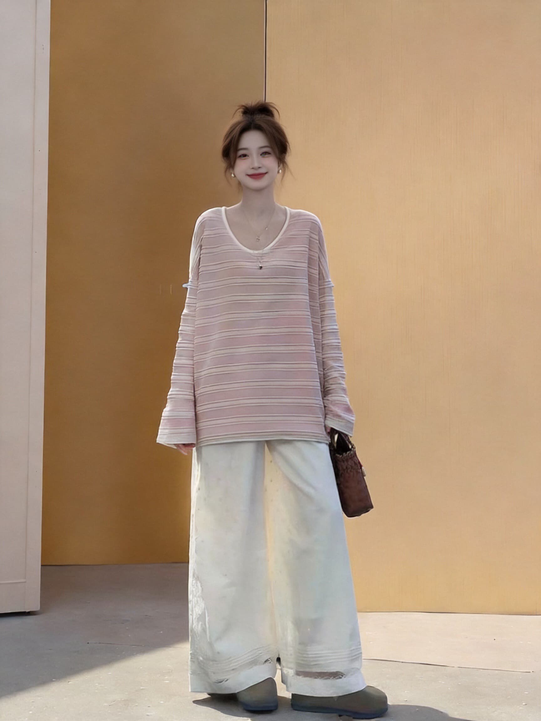 조수 브랜드 화이트 파우더 스트라이프 u 칼라 맨위 상세 이미지 3
