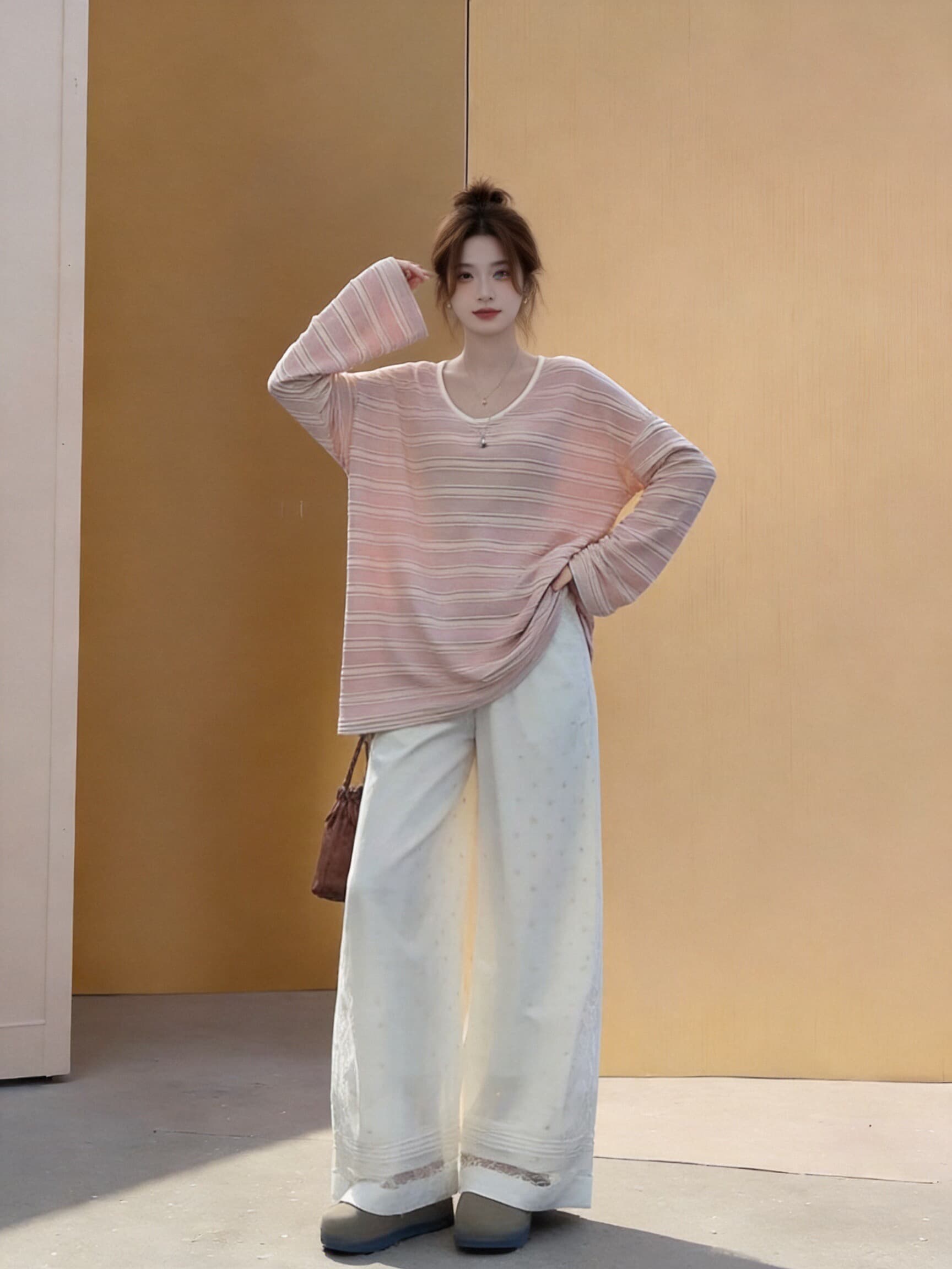 조수 브랜드 화이트 파우더 스트라이프 u 칼라 맨위 상세 이미지 4