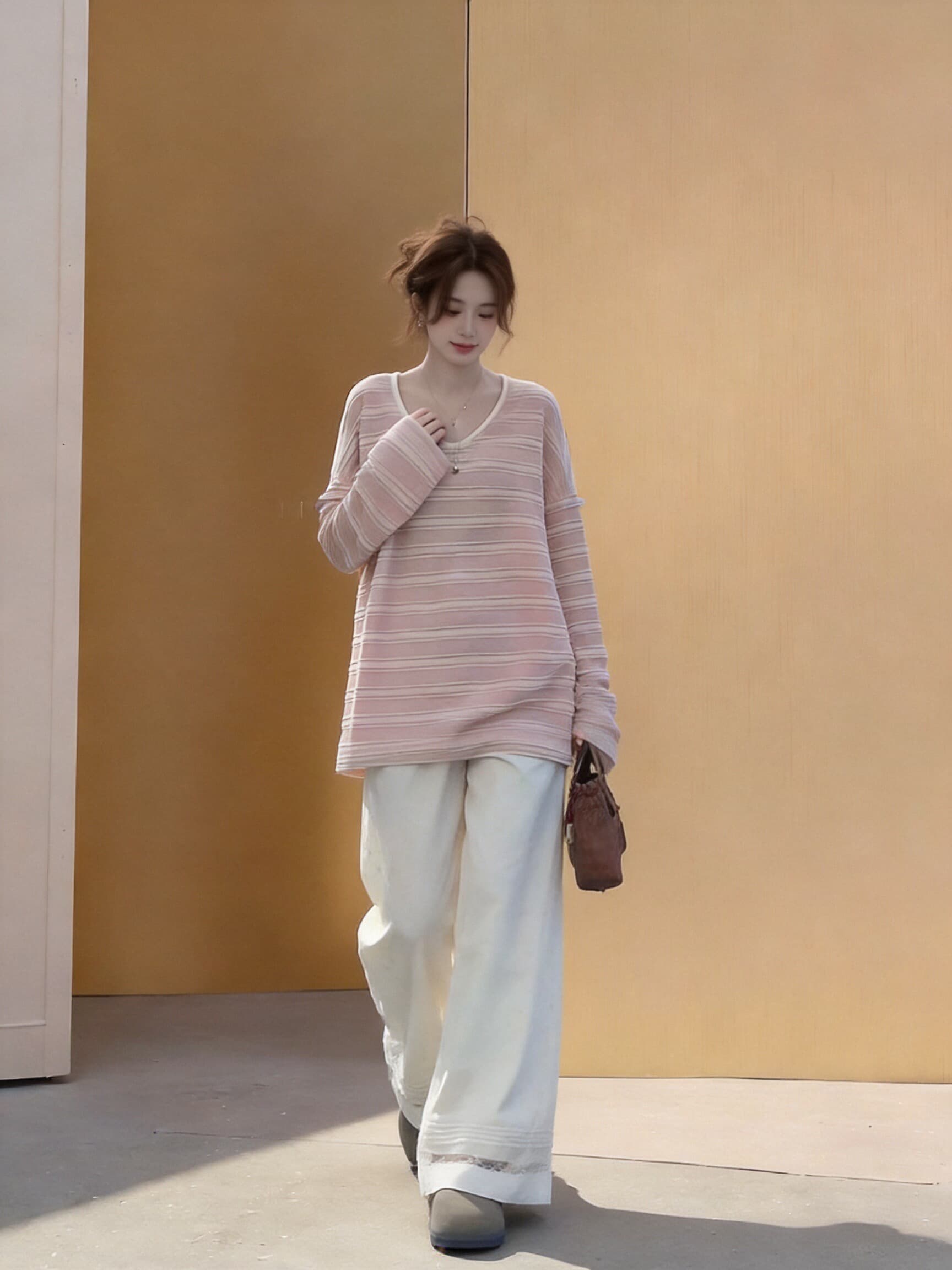 조수 브랜드 화이트 파우더 스트라이프 u 칼라 맨위 상세 이미지 10