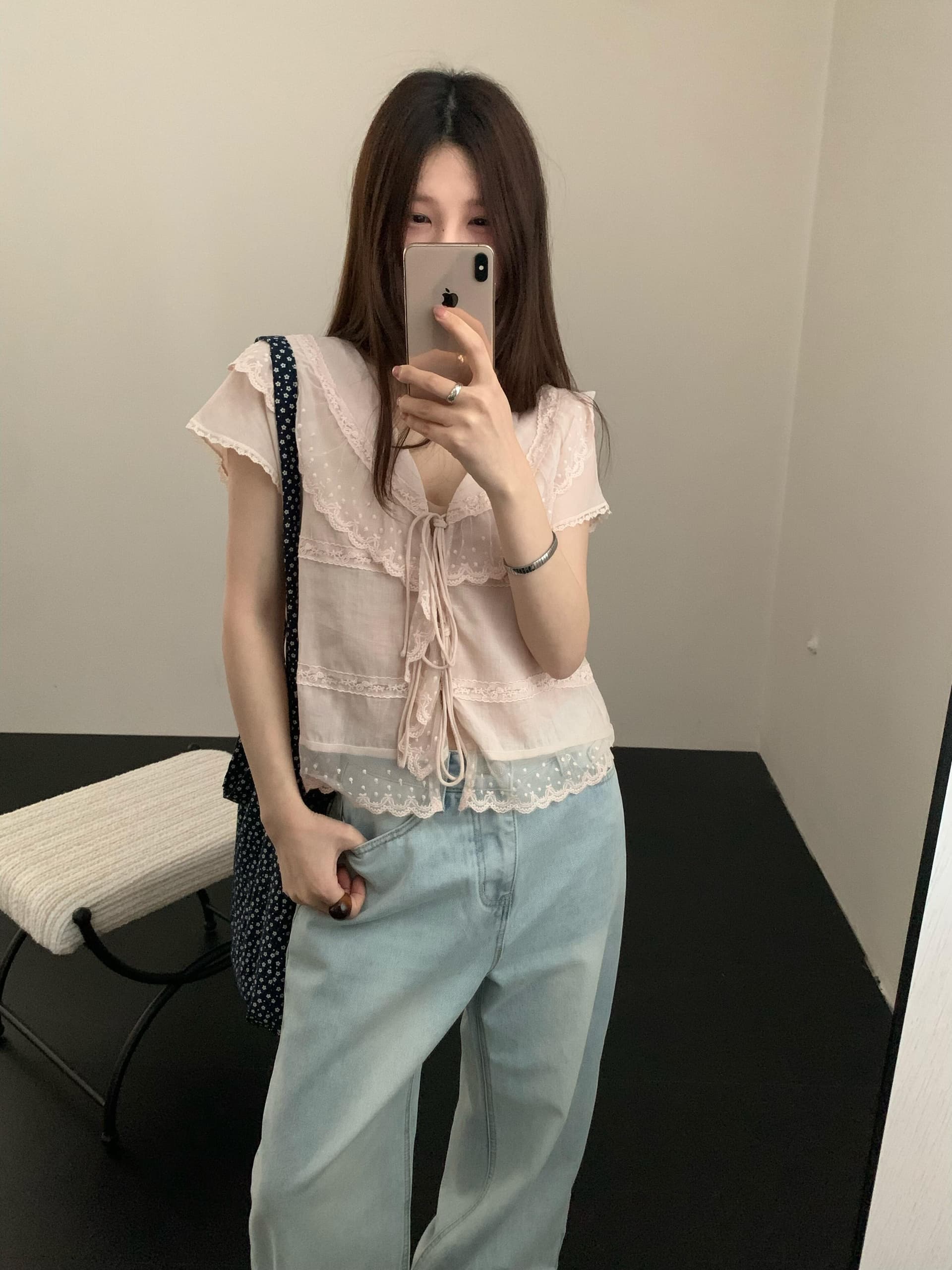 레이스업 오픈 가디건 레이스 레이스 여성 셔츠 이미지 2