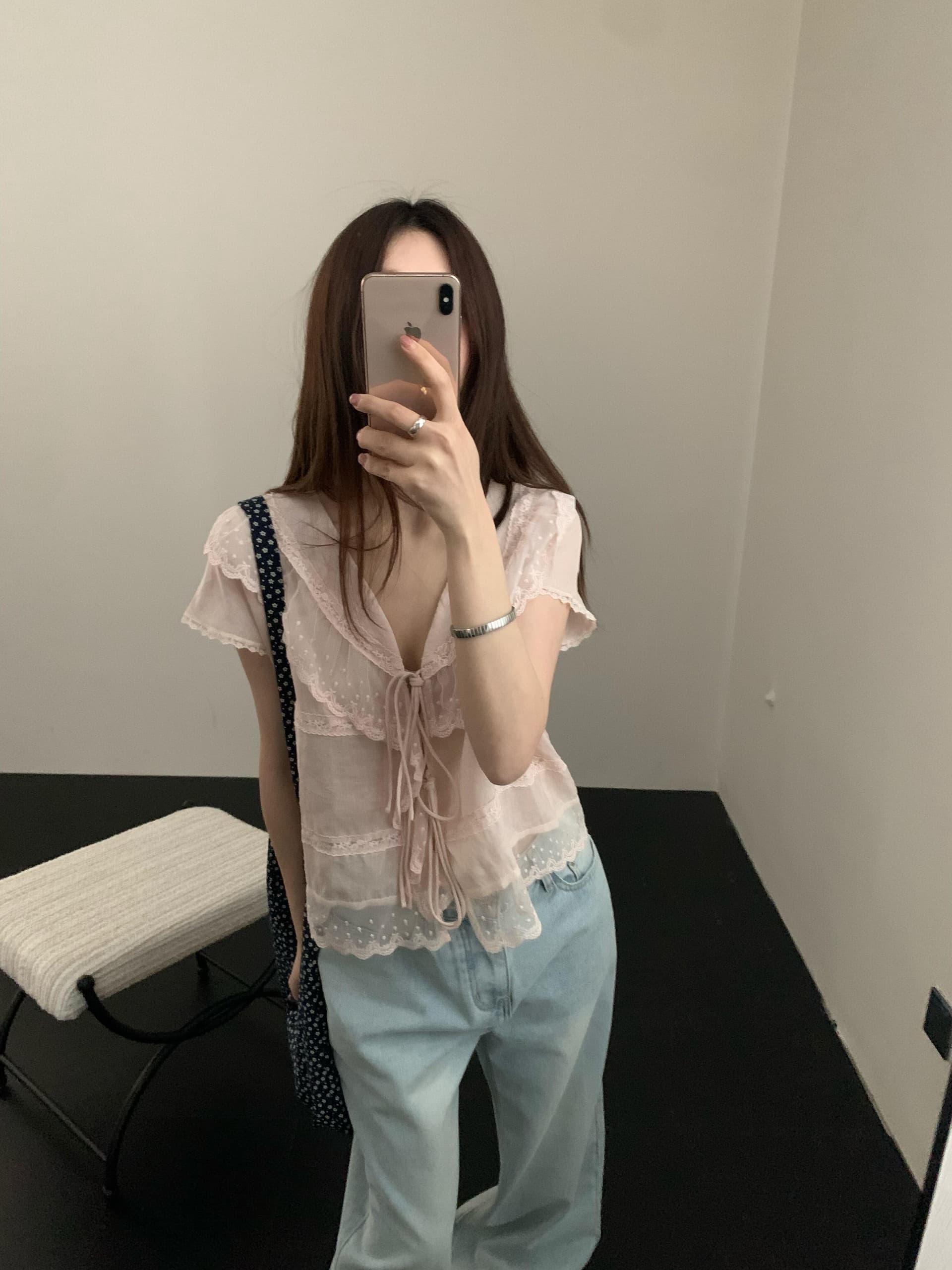 레이스업 오픈 가디건 레이스 레이스 여성 셔츠 이미지 4