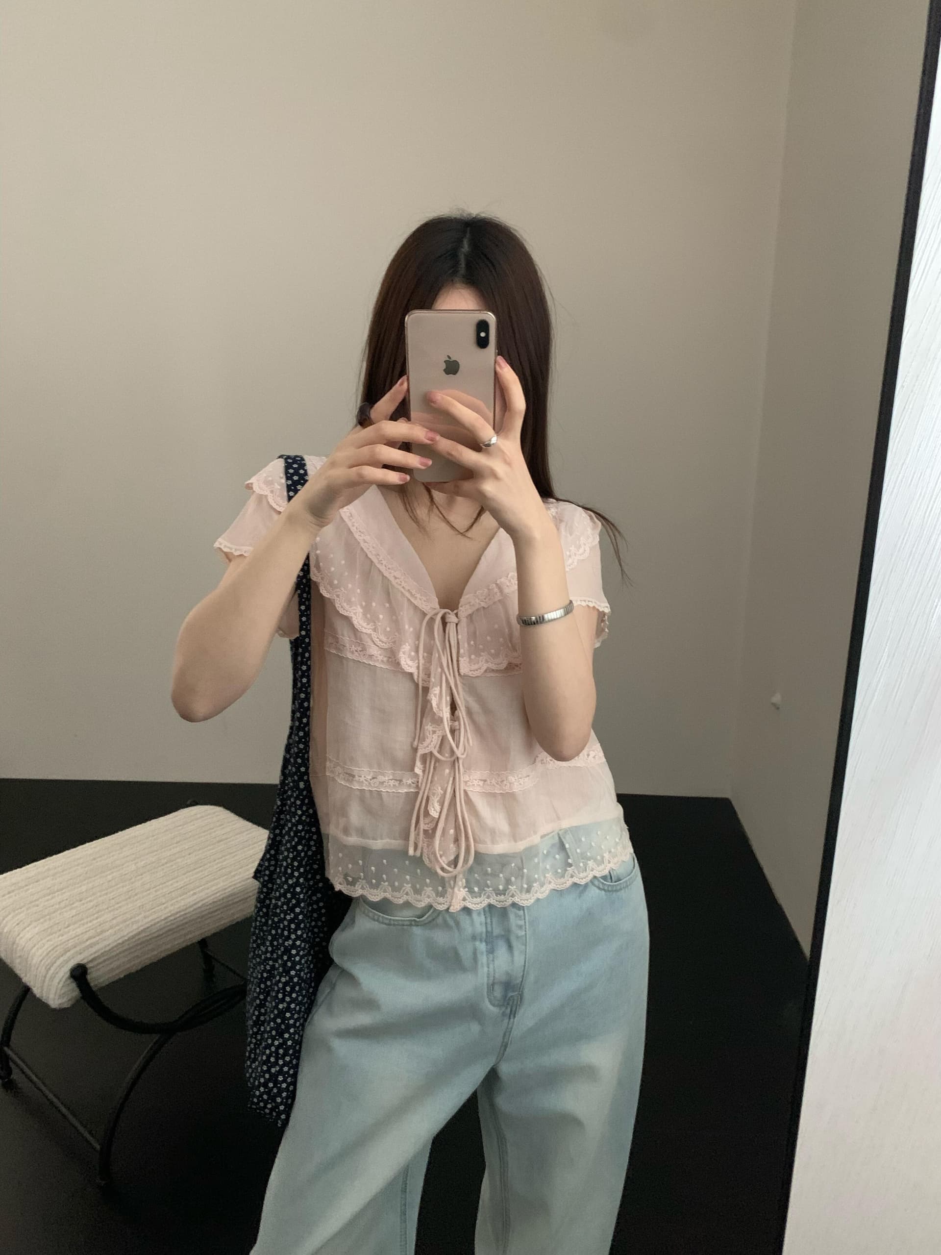 레이스업 오픈 가디건 레이스 레이스 여성 셔츠 상세 이미지 2