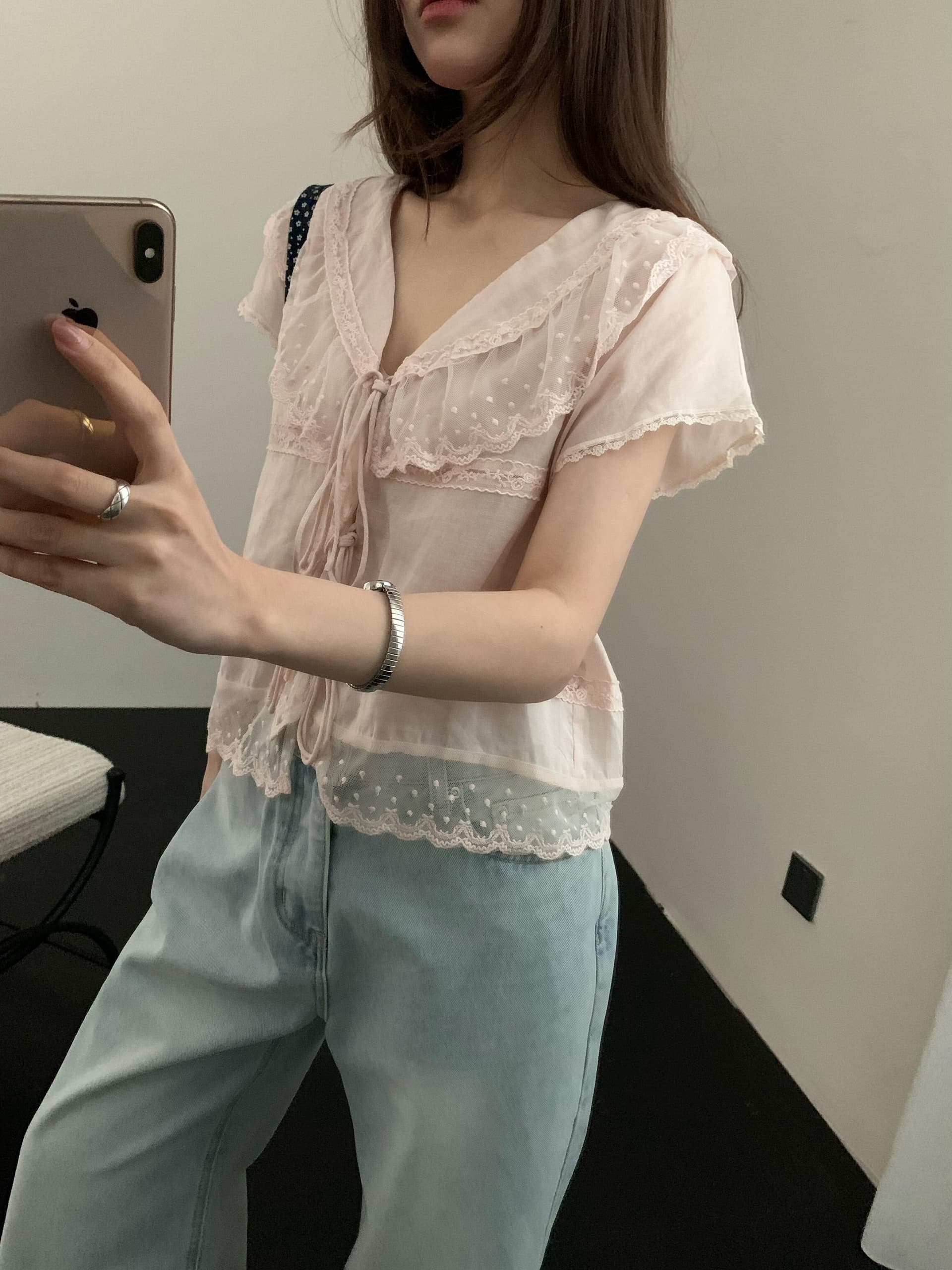 레이스업 오픈 가디건 레이스 레이스 여성 셔츠 상세 이미지 7