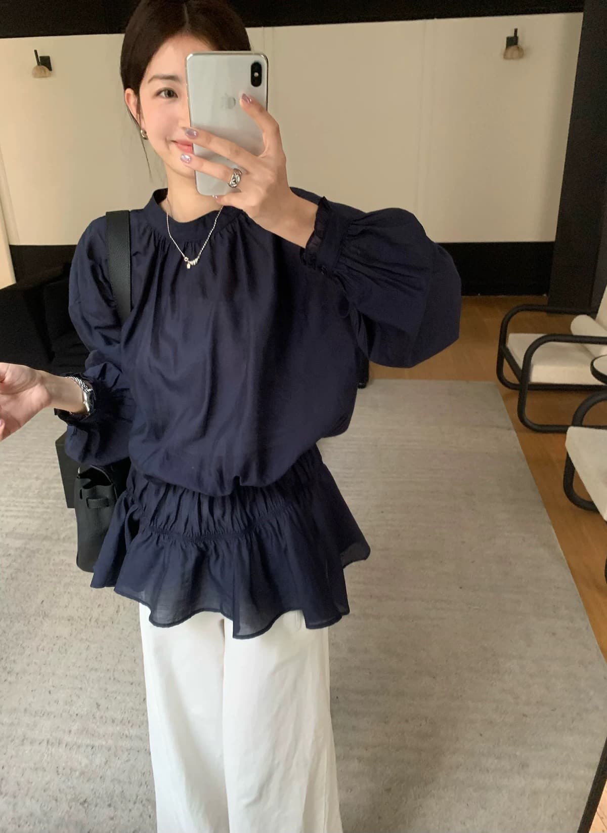 가을 주름 허리 수축 블루 색상 셔츠 이미지 2