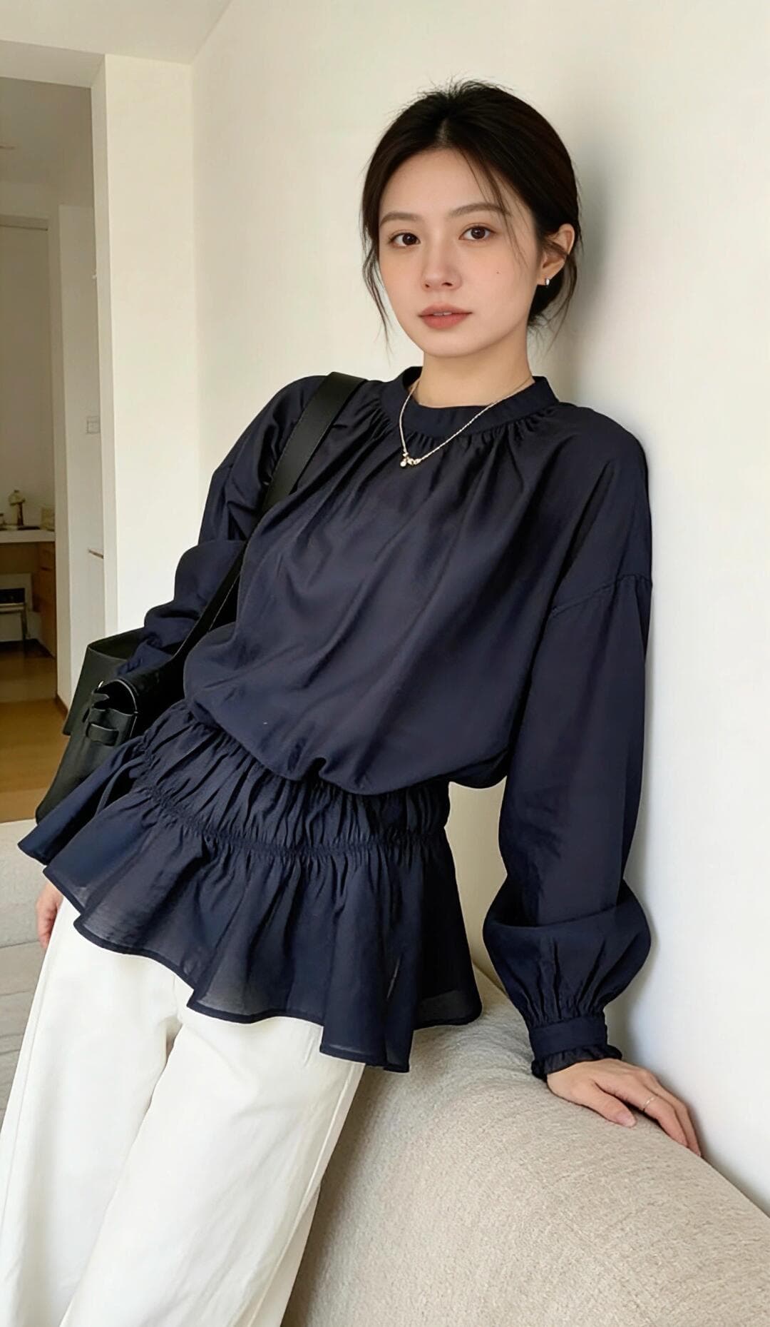 가을 주름 허리 수축 블루 색상 셔츠 상세 이미지 3