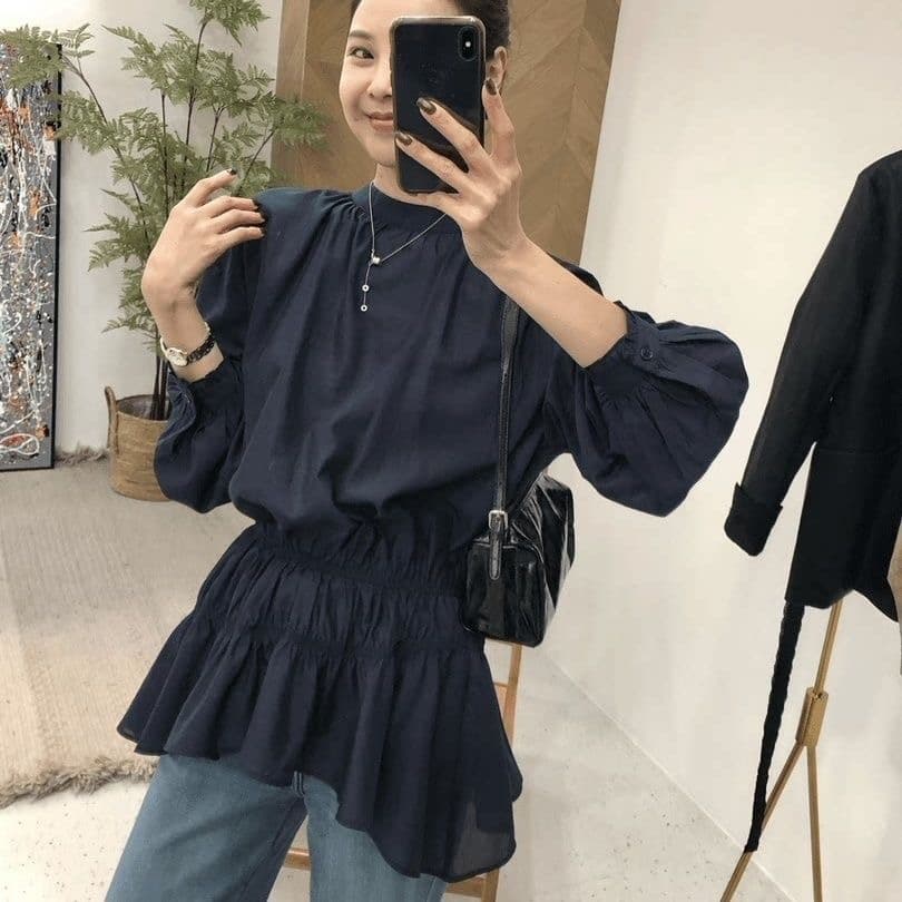 가을 주름 허리 수축 블루 색상 셔츠 상세 이미지 4
