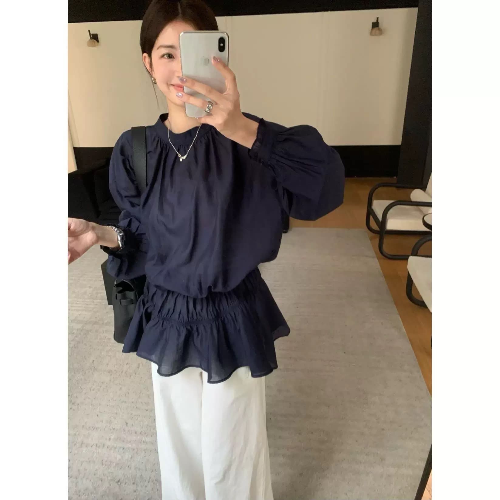 가을 주름 허리 수축 블루 색상 셔츠 상세 이미지 9