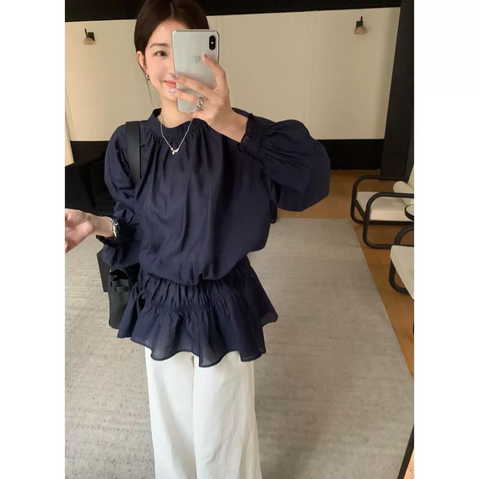 가을 주름 허리 수축 블루 색상 셔츠 상세 이미지 10